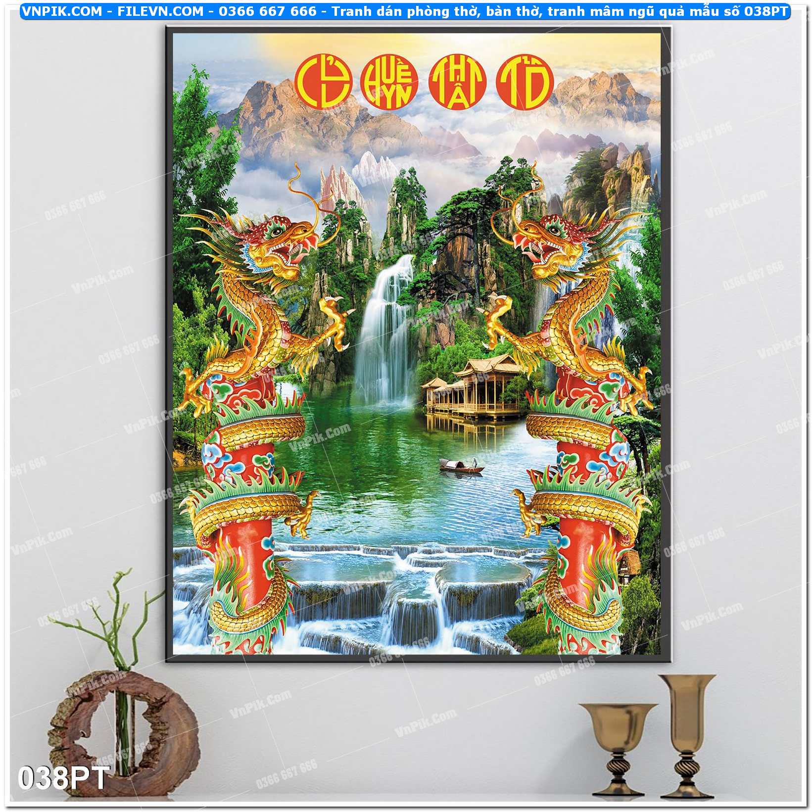 Tranh dán phòng thờ, bàn thờ, tranh mâm ngũ quả mẫu số 038PT