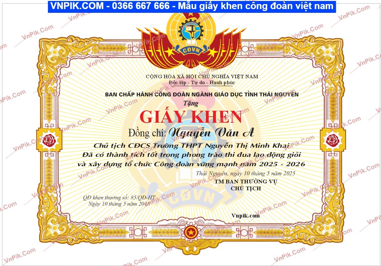 Mẫu giấy khen công đoàn việt nam