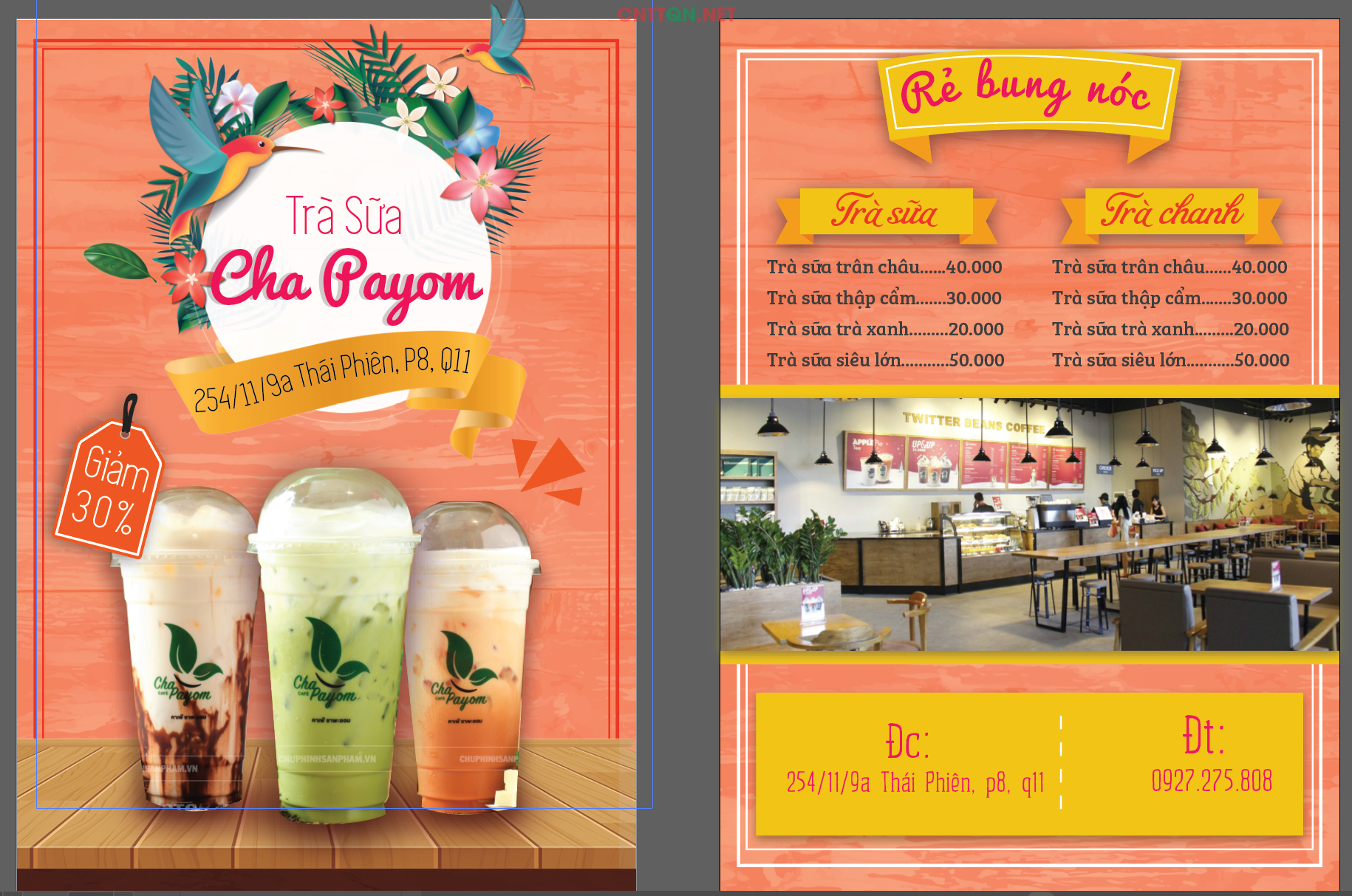 Tờ rơi quảng cáo trà sữa Cha Payom file AI