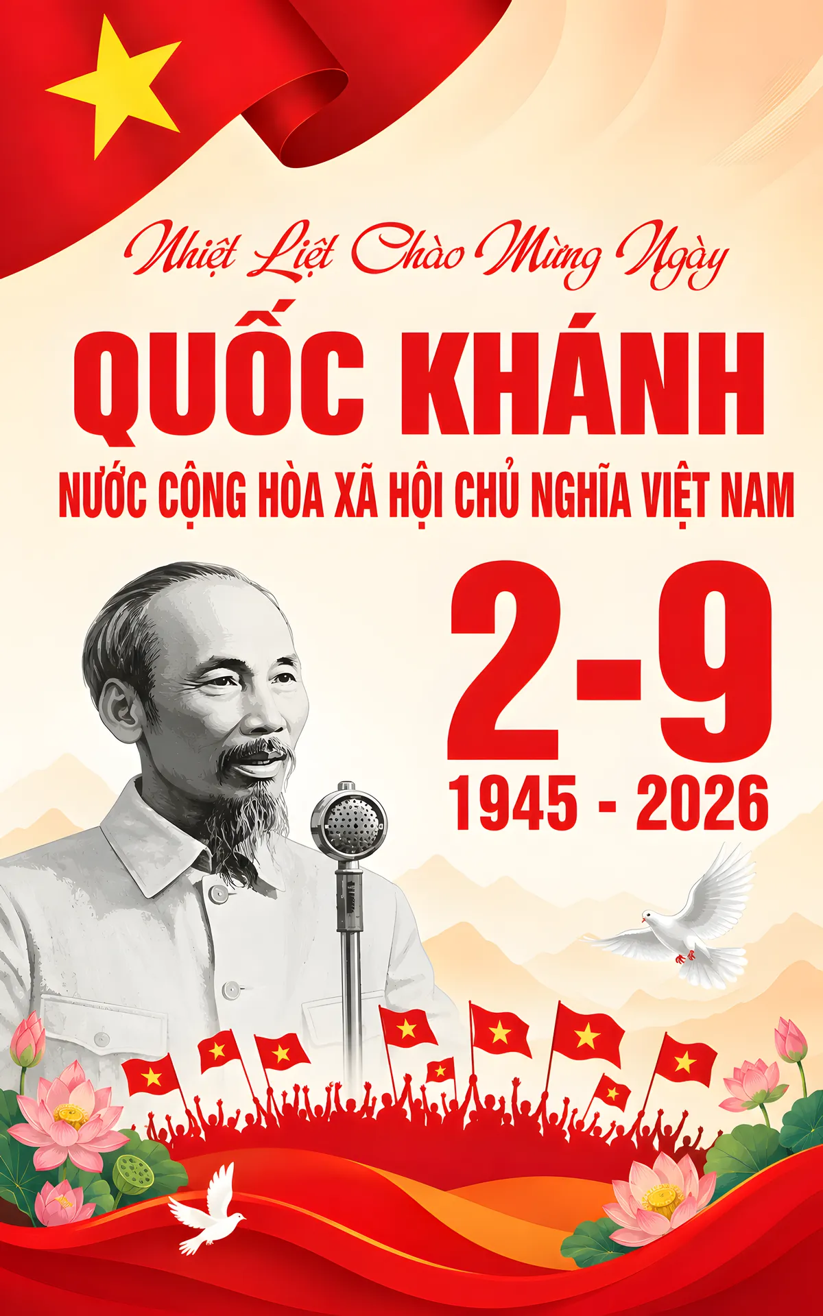 Pano Tranh Cổ Động Quốc Khánh 2-9 Chân Dung Bác Hồ Và Chim Bồ Câu Hòa Bình