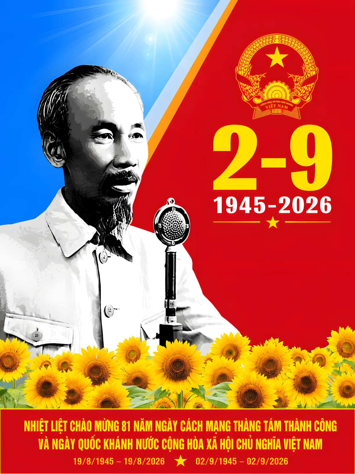 Phông Tuyên Truyền Quốc Khánh 2/9 Chân Dung Bác Hồ Bên Micro Và Hoa Hướng Dương