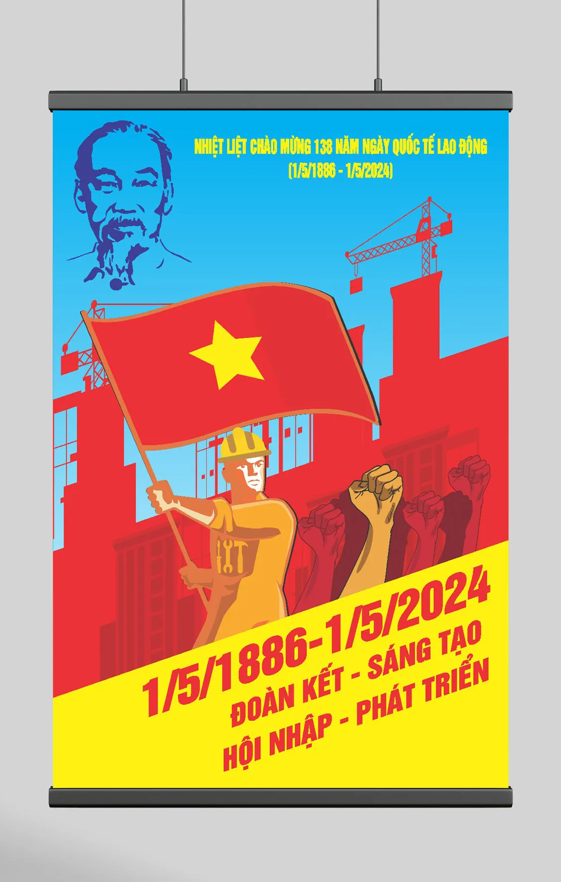 Vector Banner Chào Mừng 138 Năm Ngày Quốc Tế Lao Động 1/5 | Hình Ảnh Bác Hồ & Cờ Việt Nam