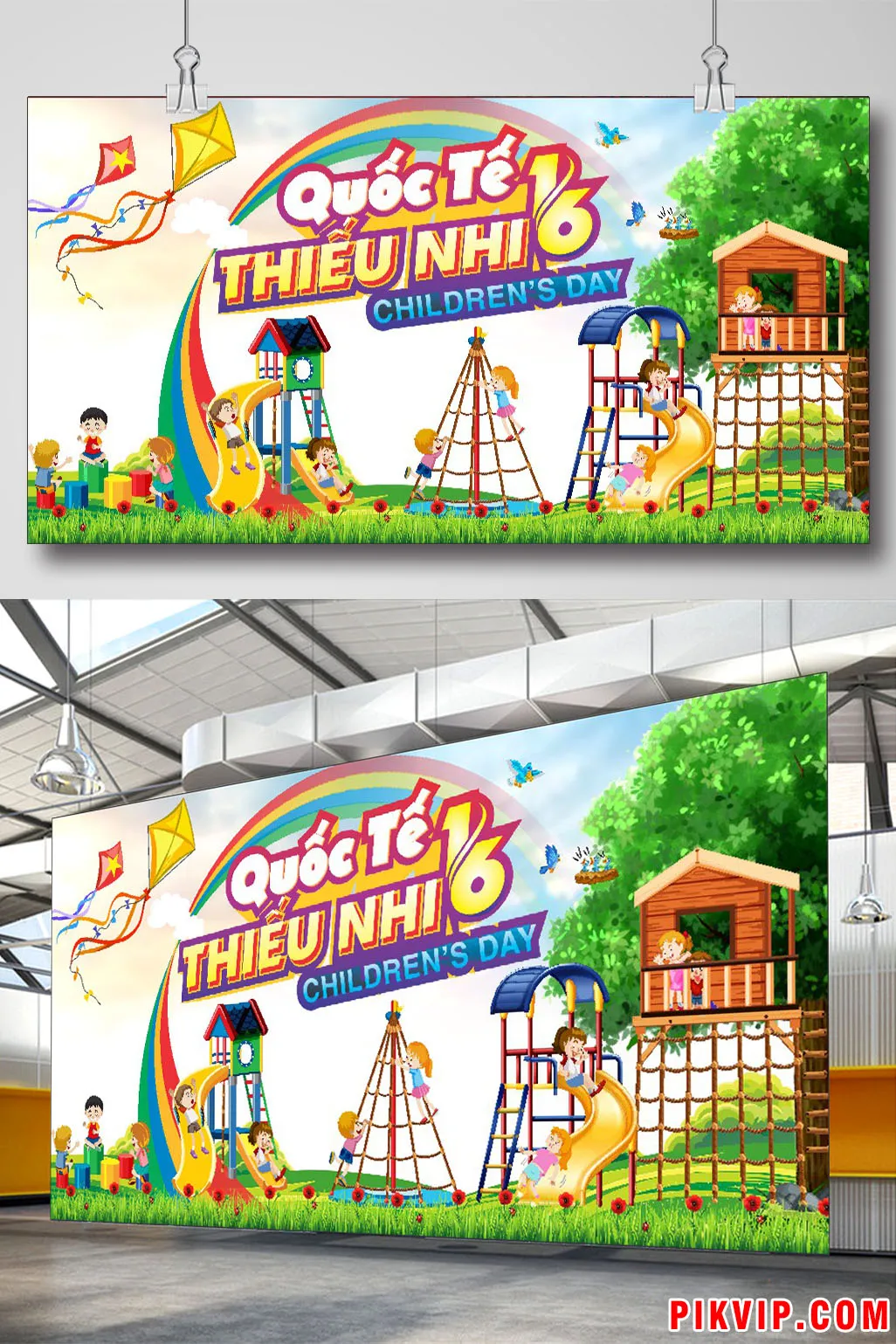 Background Quốc Tế Thiếu Nhi 1/6: Sân Chơi Hạnh Phúc Với Cầu Vồng Rực Rỡ & Trẻ Em Vui Nhộn