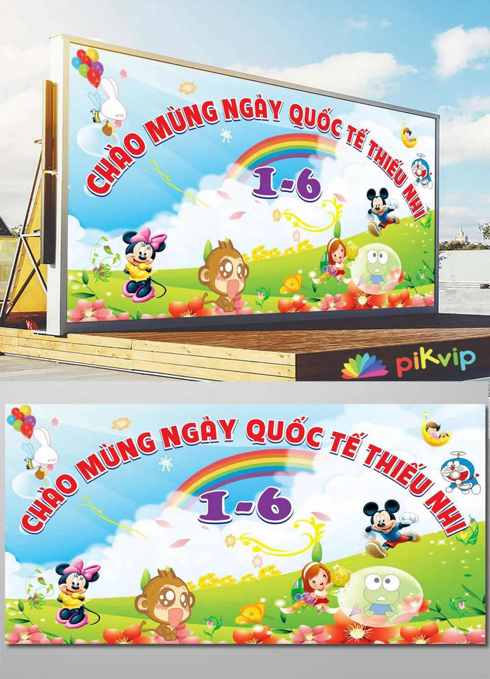 Mẫu Backdrop Sân Khấu Chào Mừng Ngày Quốc Tế Thiếu Nhi 1-6 Rực Rỡ Hoạt Hình