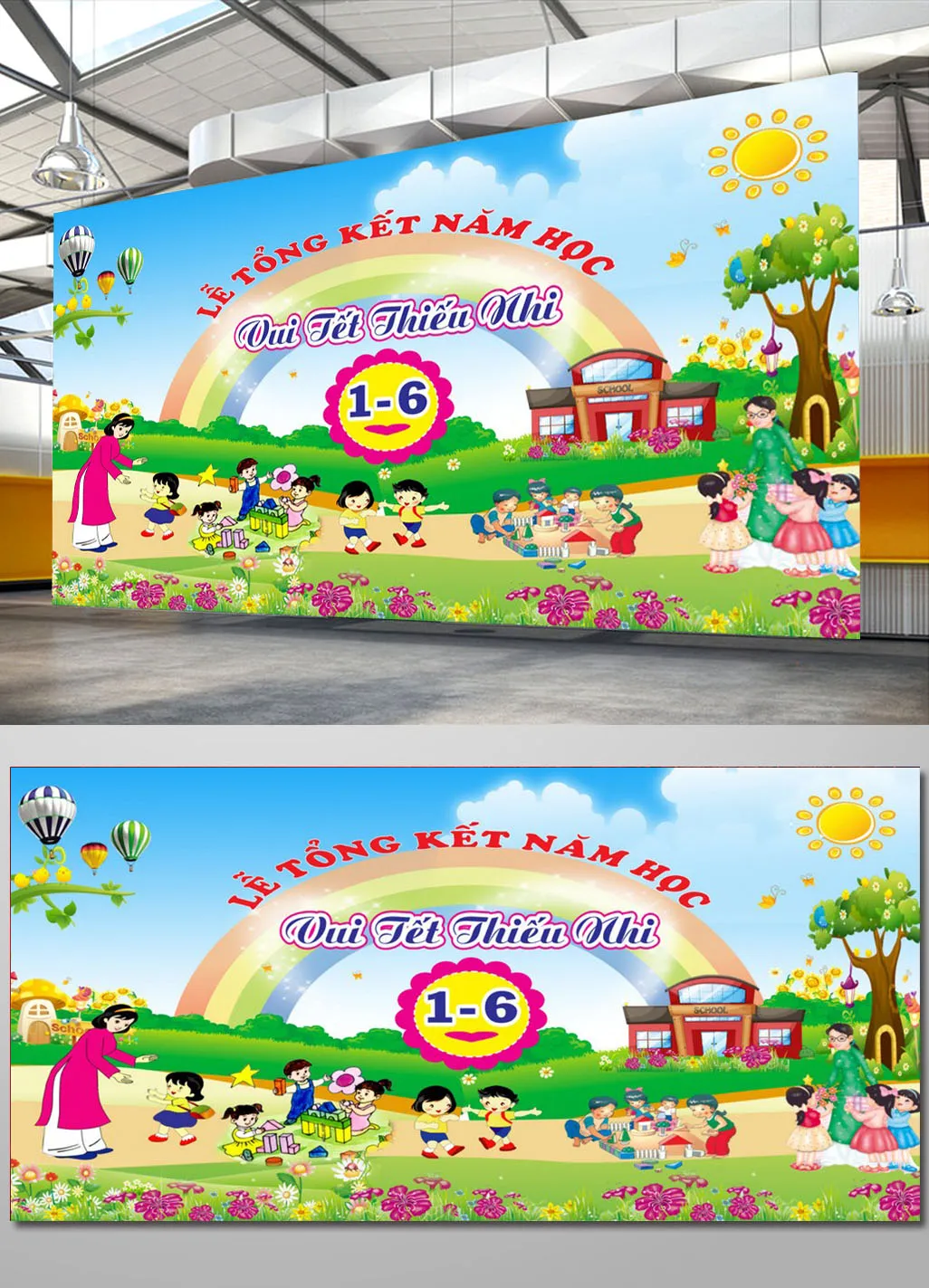 Mẫu Backdrop Hoạt Hình Lễ Tổng Kết Năm Học và Vui Tết Thiếu Nhi 1-6 Rực Rỡ