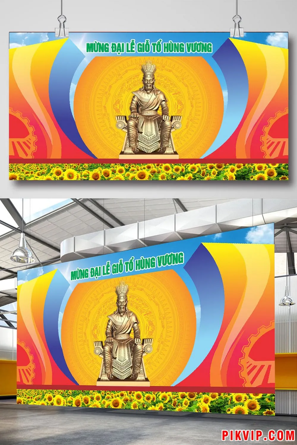 Backdrop Giỗ Tổ Hùng Vương Độc Đáo Với Tượng Vua Hùng Và Cánh Đồng Hoa Hướng Dương