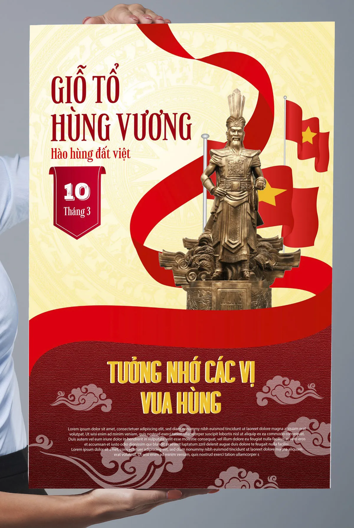 Mẫu Poster Thiết Kế Giỗ Tổ Hùng Vương Trang Trọng Với Tượng Vua Hùng và Quốc Kỳ Việt Nam