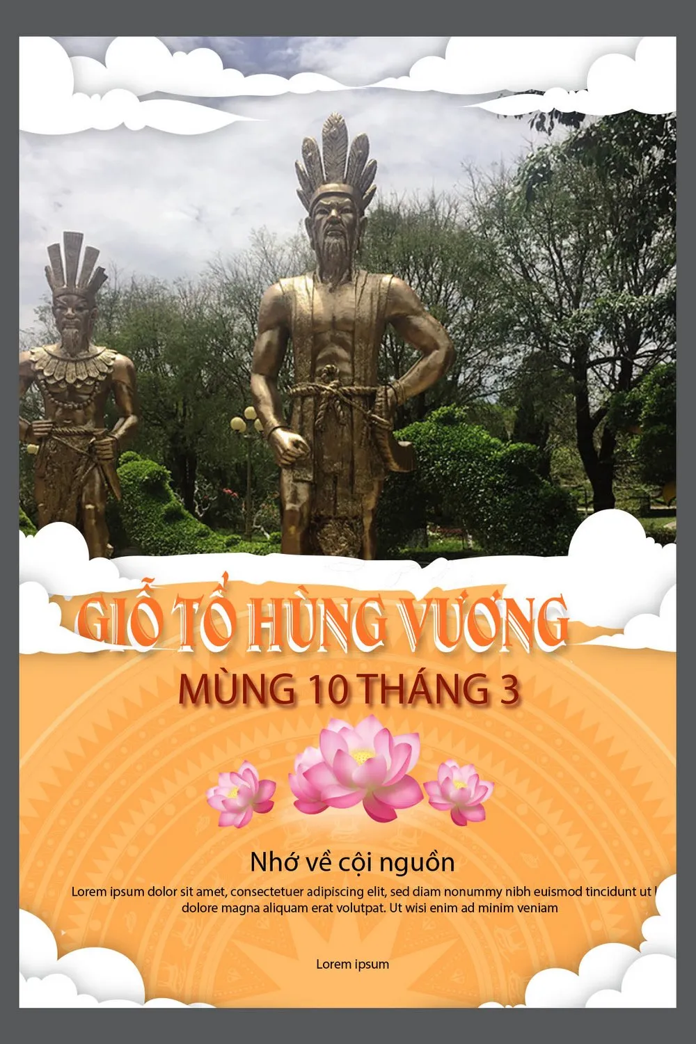 Poster Kỷ Niệm Giỗ Tổ Hùng Vương: Tượng Đồng, Hoa Sen và Hồn Việt