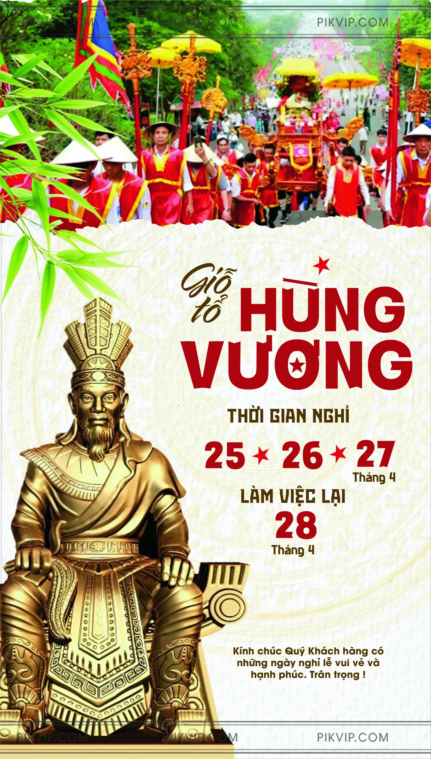 Thiết Kế Banner Giỗ Tổ Hùng Vương: Tượng Vua Hùng Vàng 3D, Lễ Rước Truyền Thống & Thông Báo Nghỉ Lễ