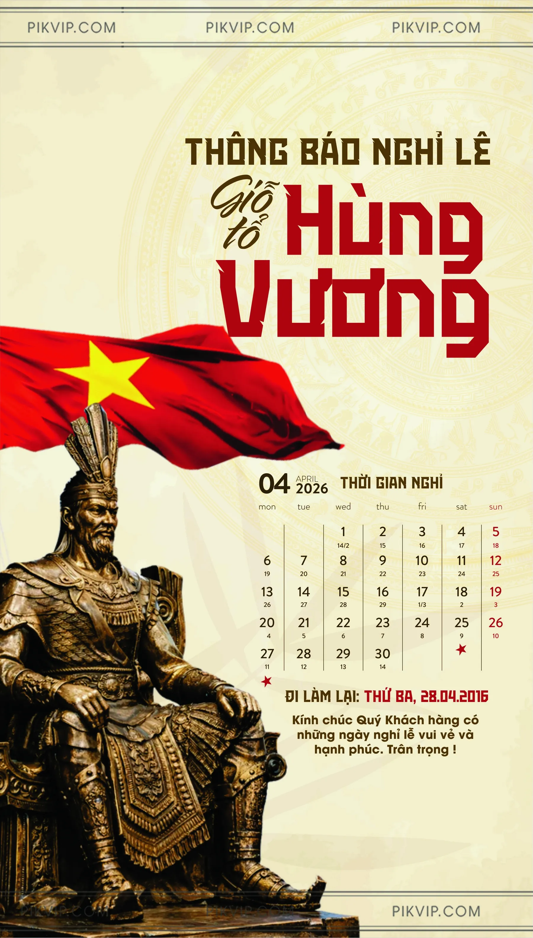 Thiết Kế Thông Báo Nghỉ Lễ Giỗ Tổ Hùng Vương 2026: Tượng Vua Hùng & Quốc Kỳ Việt Nam