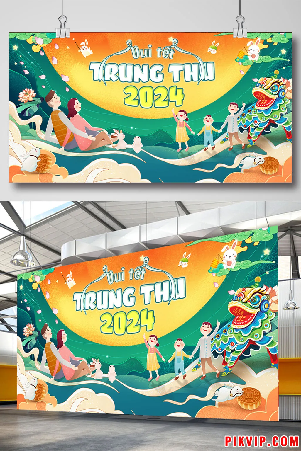 Thiết Kế Poster Trung Thu 2024 Độc Đáo: Gia Đình Quây Quần, Múa Lân, Thỏ Ngọc Dưới Ánh Trăng Vàng