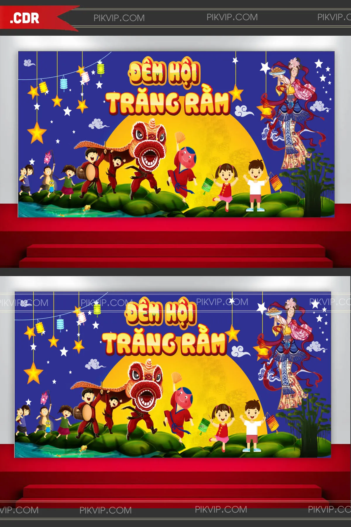 Thiết Kế Vector Banner Đêm Hội Trăng Rằm Sống Động: Múa Lân, Chị Hằng, Chú Cuội và Trẻ Thơ Vui Trung Thu