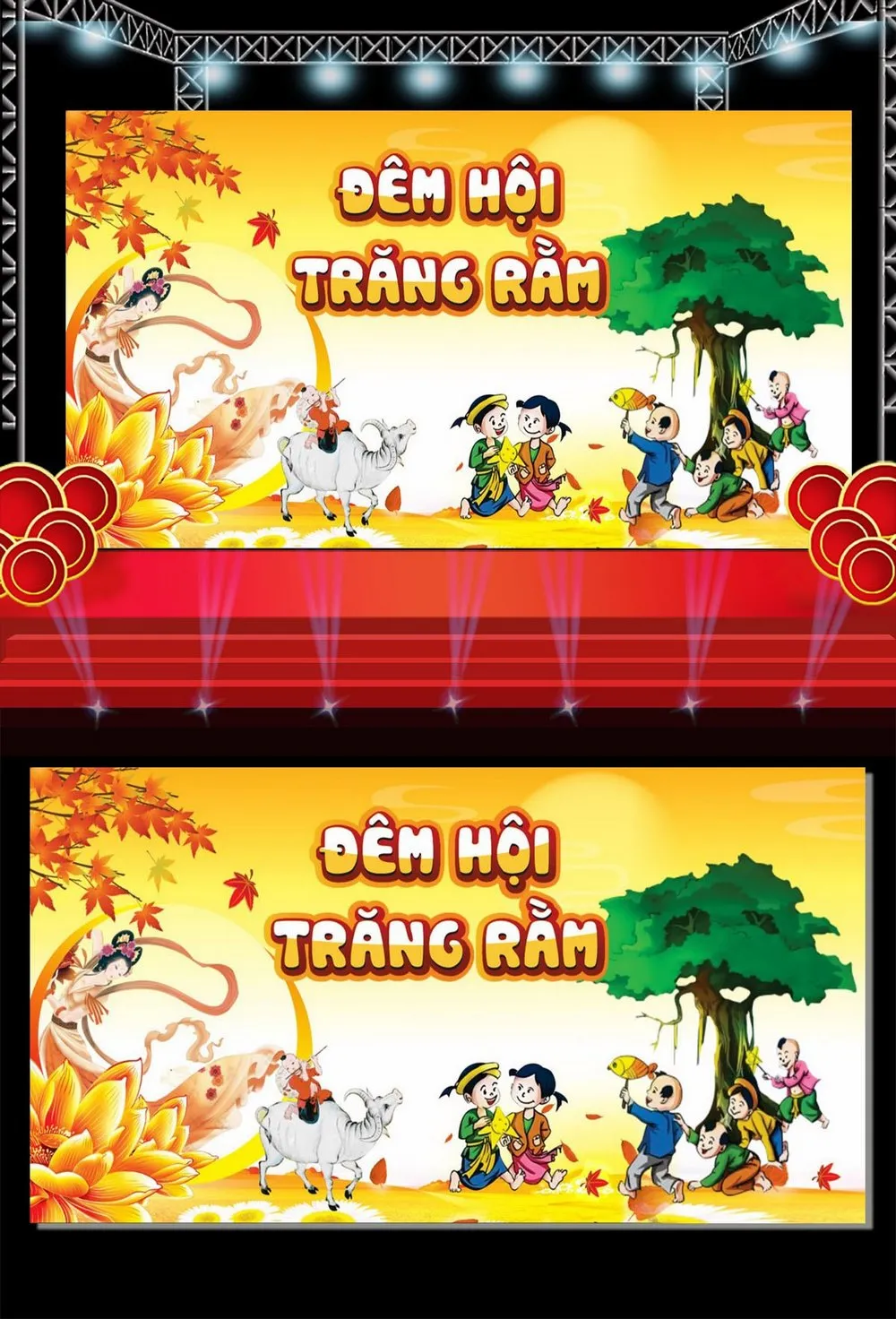 Vector Backdrop Đêm Hội Trăng Rằm Sống Động: Hằng Nga, Chú Cuội Cùng Bé Vui Trung Thu