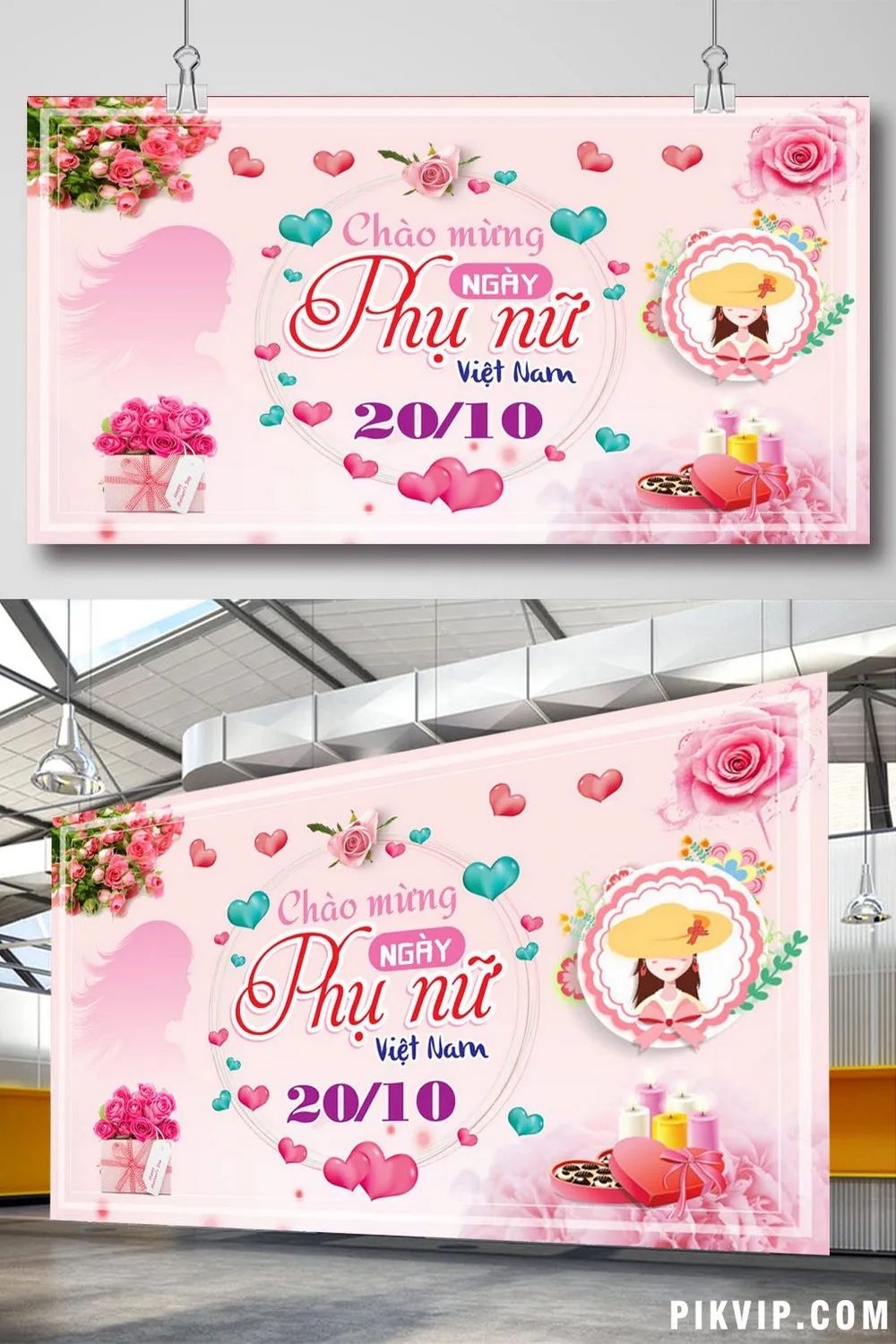 Thiết Kế Banner Backdrop Chúc Mừng Ngày Phụ Nữ Việt Nam 20/10 Tông Hồng Thanh Lịch