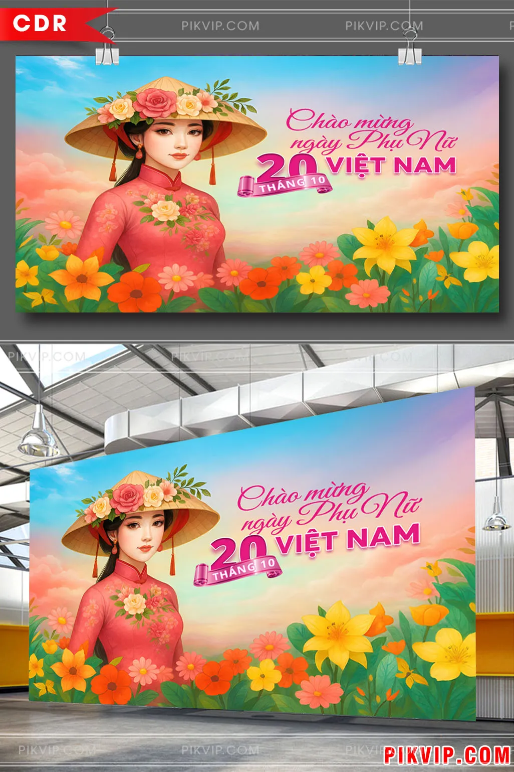 Thiết Kế Banner Chào Mừng Ngày Phụ Nữ Việt Nam 20/10: Cô Gái Áo Dài Nón Lá Dịu Dàng Giữa Vườn Hoa