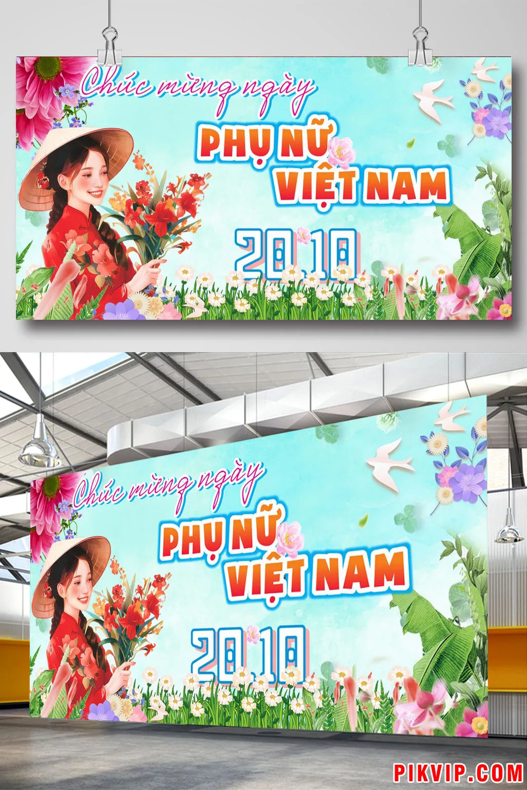 Thiết Kế Banner Chúc Mừng Ngày Phụ Nữ Việt Nam 20/10 - Cô Gái Áo Dài Tươi Thắm Cùng Hoa