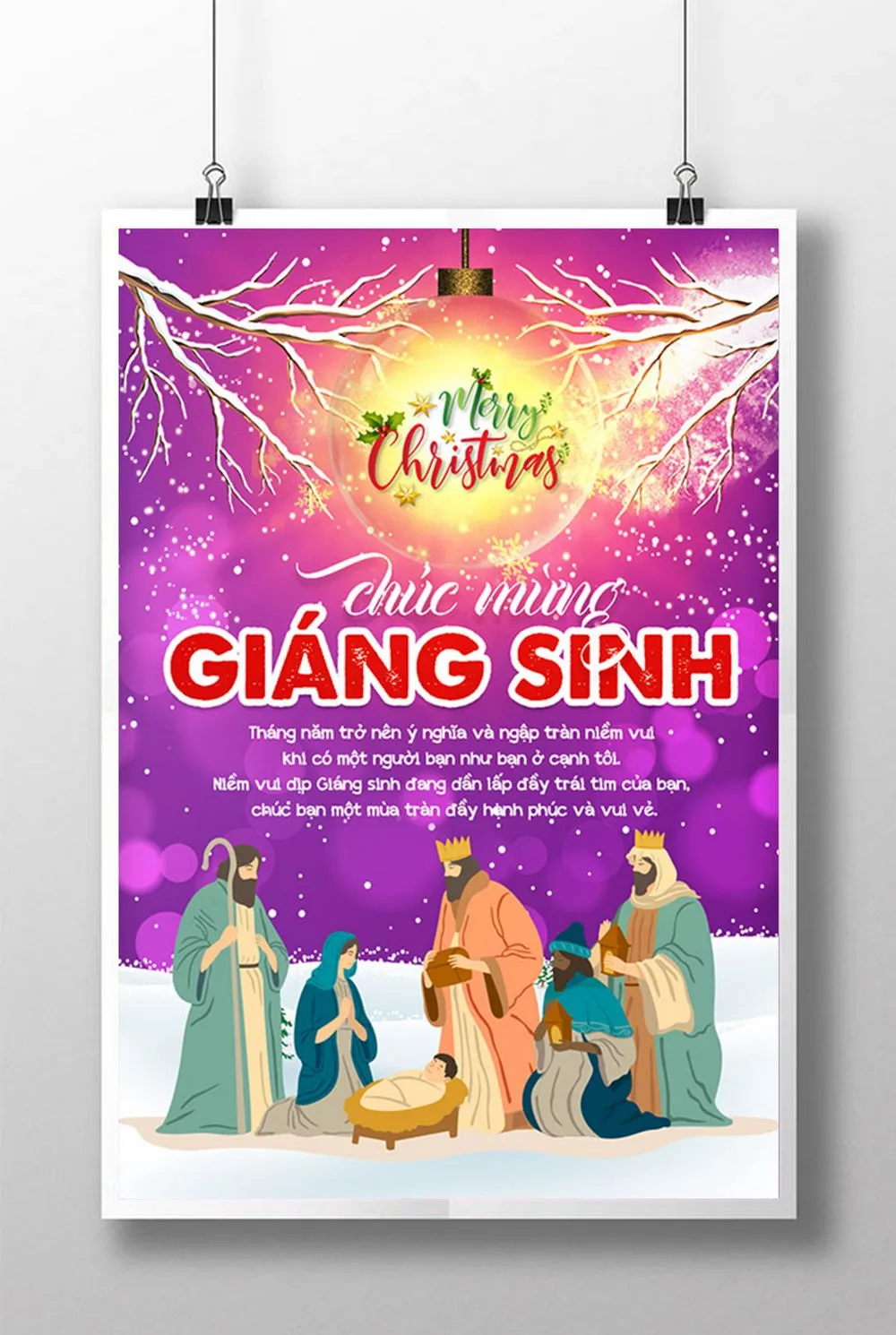 Poster Chúc Mừng Giáng Sinh Vector Phong Cách Hiện Đại: Hang Đá, Ba Vua và Ánh Sáng Lung Linh