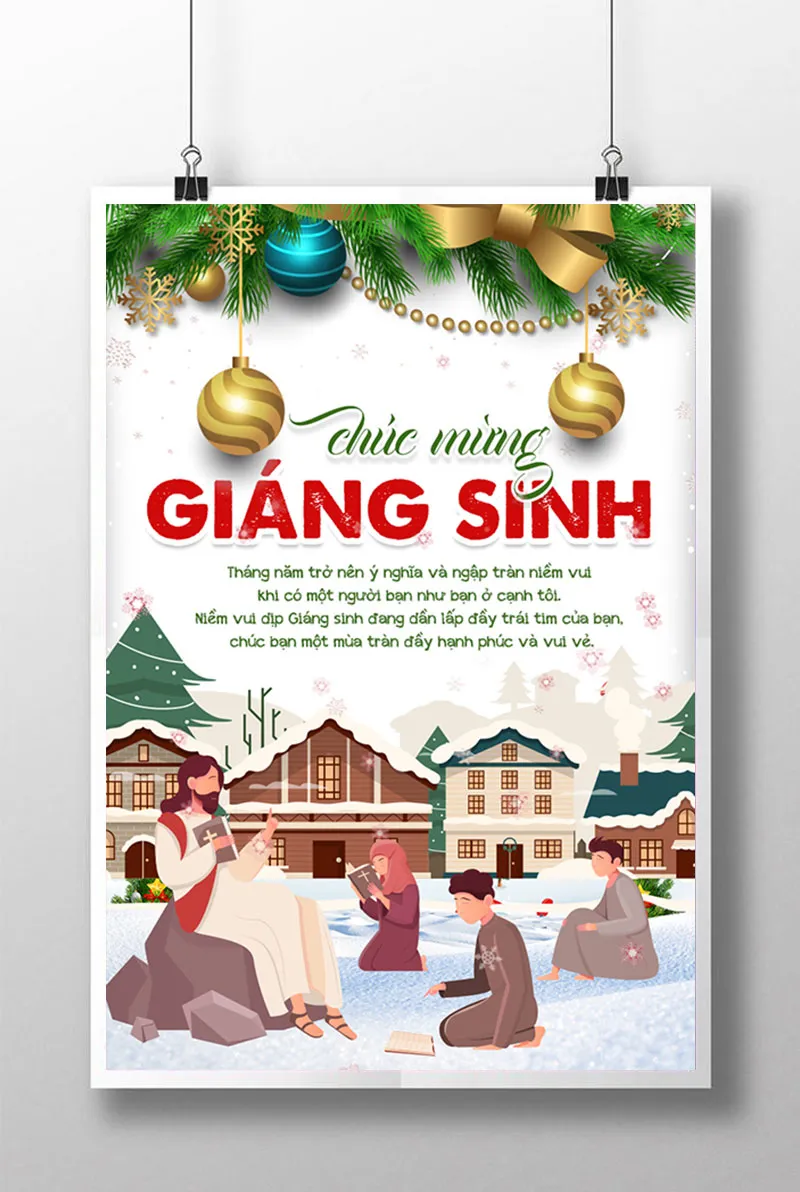 Poster Giáng Sinh Thanh Bình: Làng Tuyết, Người Đọc Sách và Trang Trí Lấp Lánh