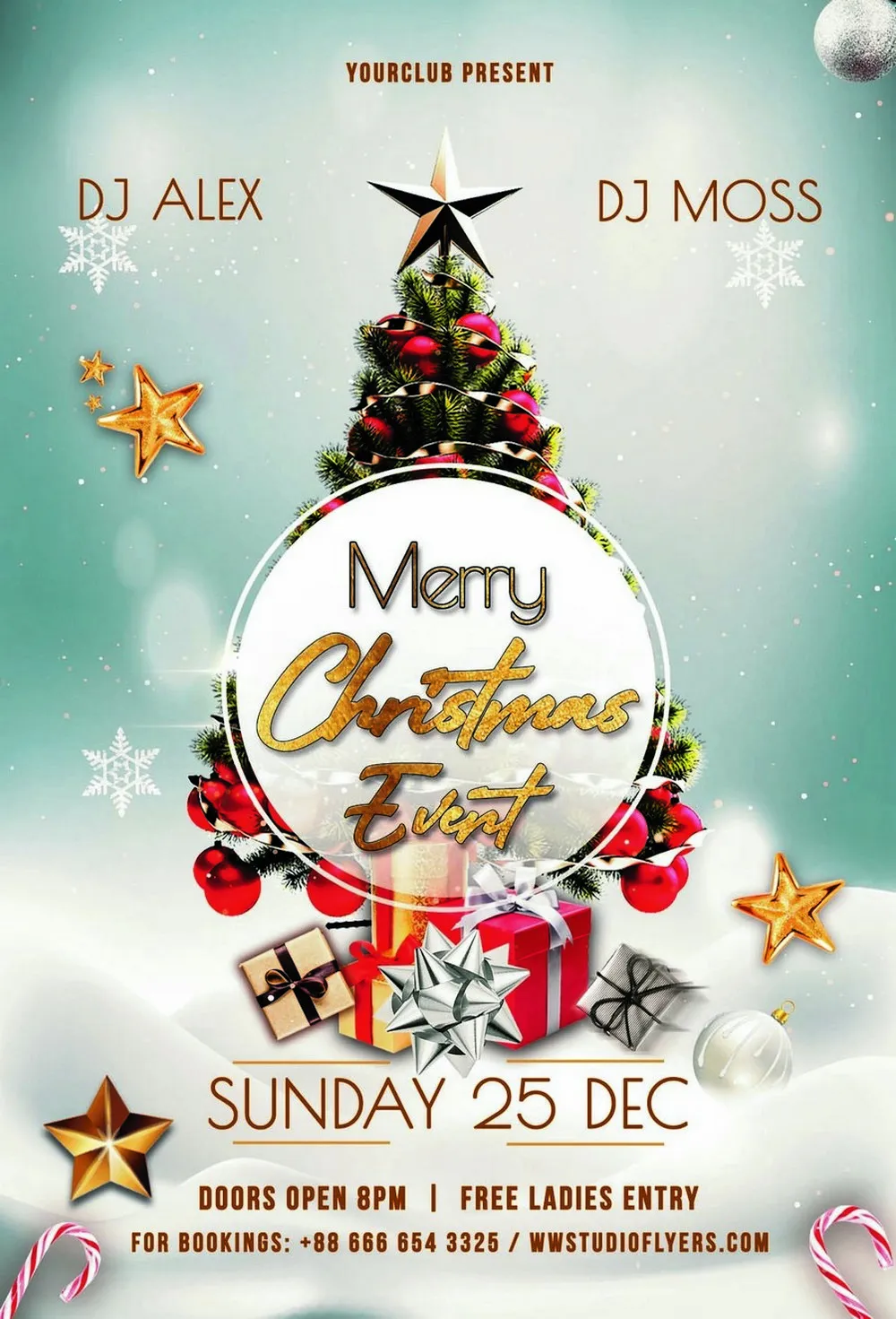 Thiết Kế Flyer Sự Kiện Giáng Sinh Sôi Động – DJ, Cây Thông & Quà Tặng Độc Đáo