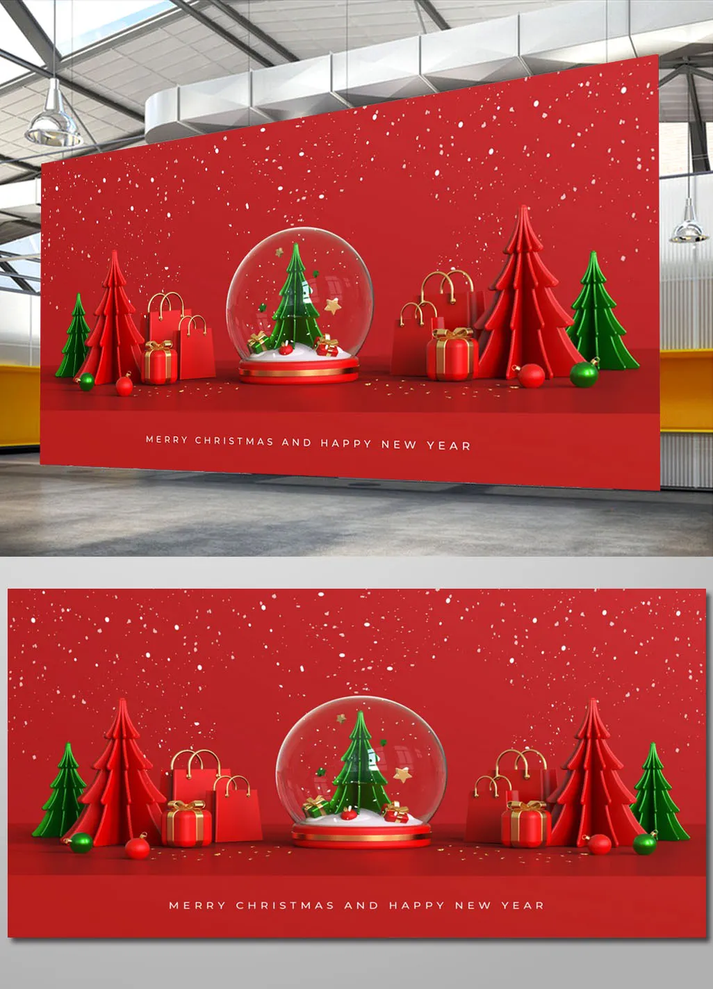 Thiết Kế Nền Đỏ 3D Giáng Sinh & Năm Mới Với Snow Globe và Quà Tặng Sang Trọng
