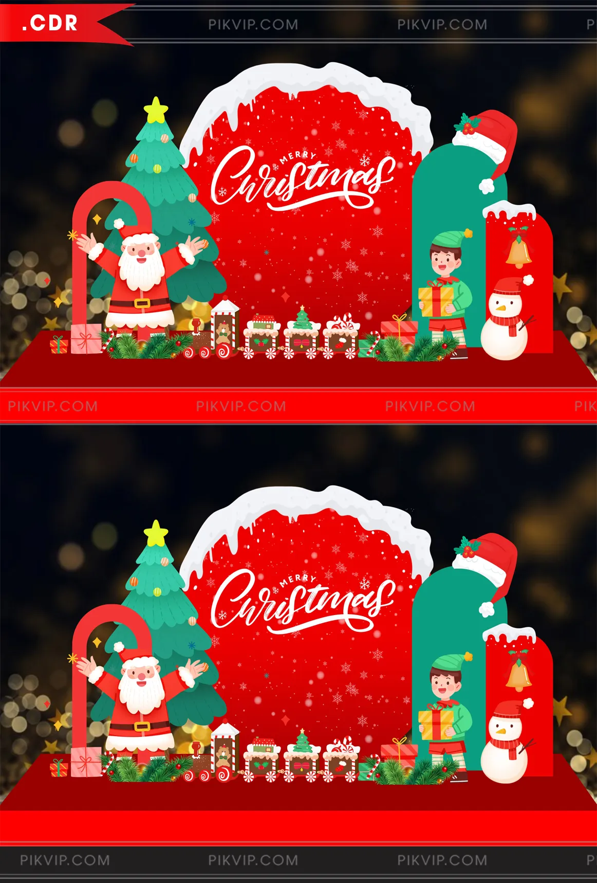 Thiết Kế Phông Nền Giáng Sinh Vector Sống Động Với Ông Già Noel, Yêu Tinh & Người Tuyết