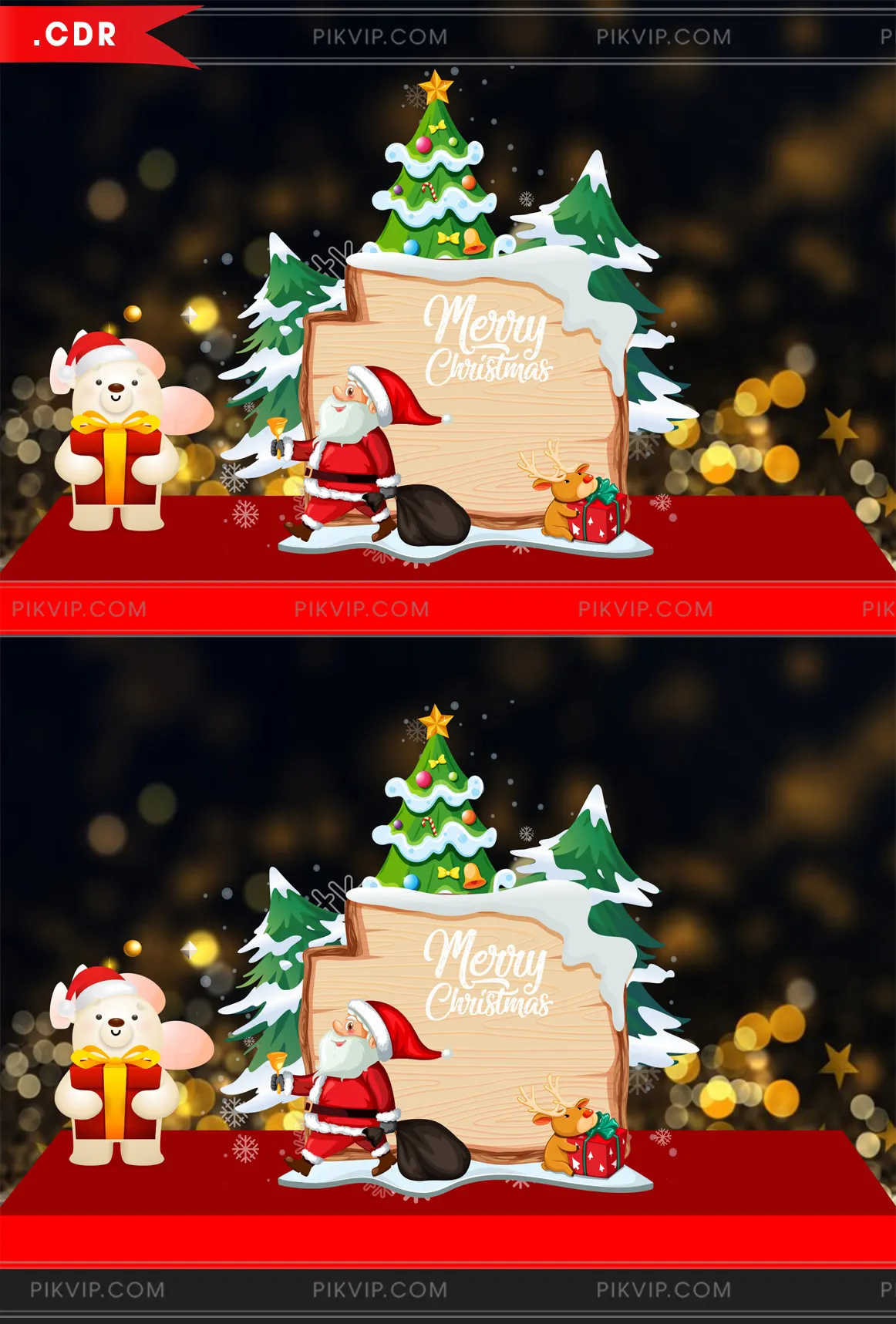 Vector Giáng Sinh Ấm Áp: Ông Già Noel, Gấu Trắng, Tuần Lộc Cùng Bảng Gỗ Merry Christmas