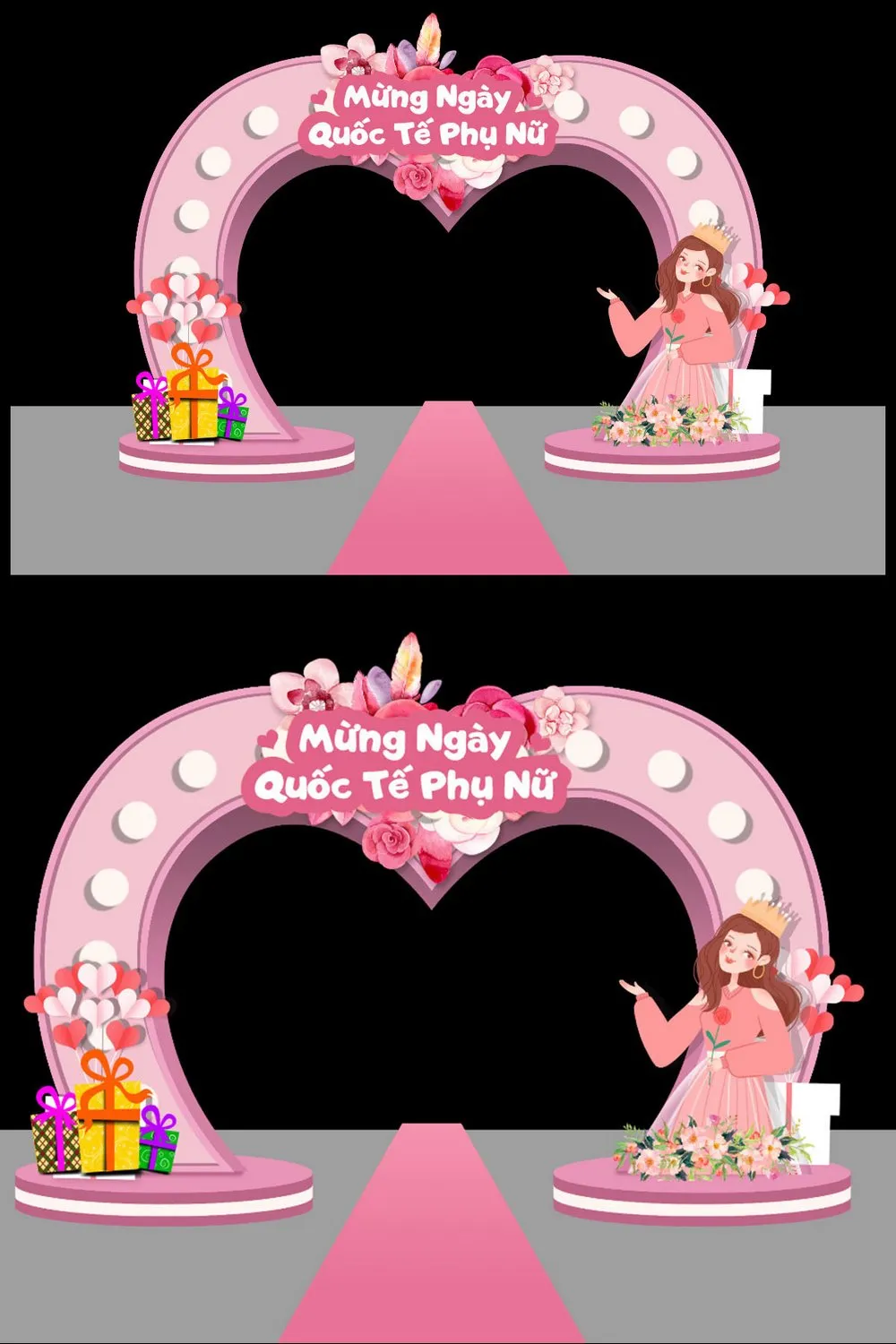 Cổng Chào 8/3 Độc Đáo: Trang Trí Trái Tim Hồng, Cô Gái & Quà Tặng