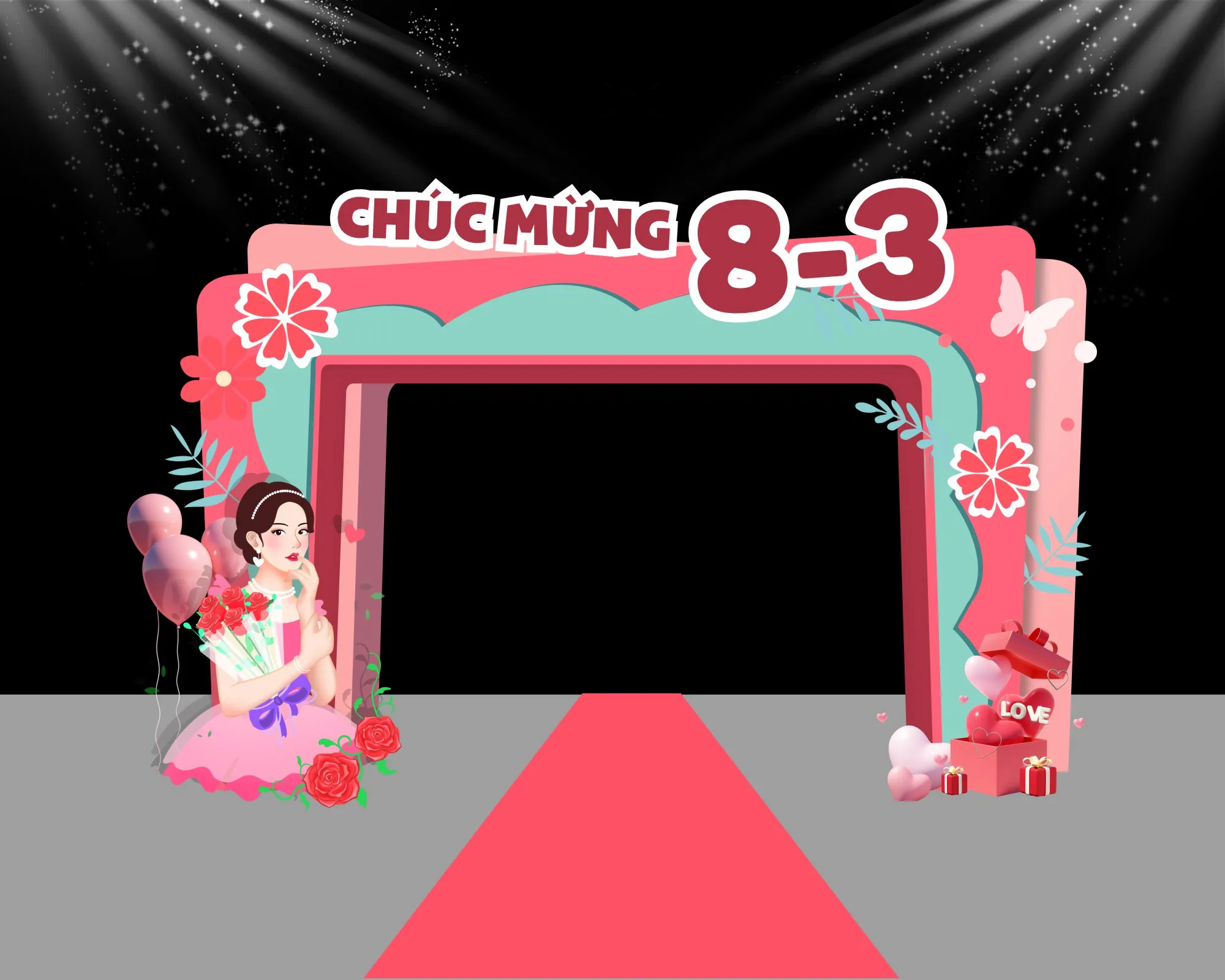 Khung Trang Trí Chúc Mừng 8-3 Lộng Lẫy: Nàng Thơ, Hoa Hồng và Quà Tặng