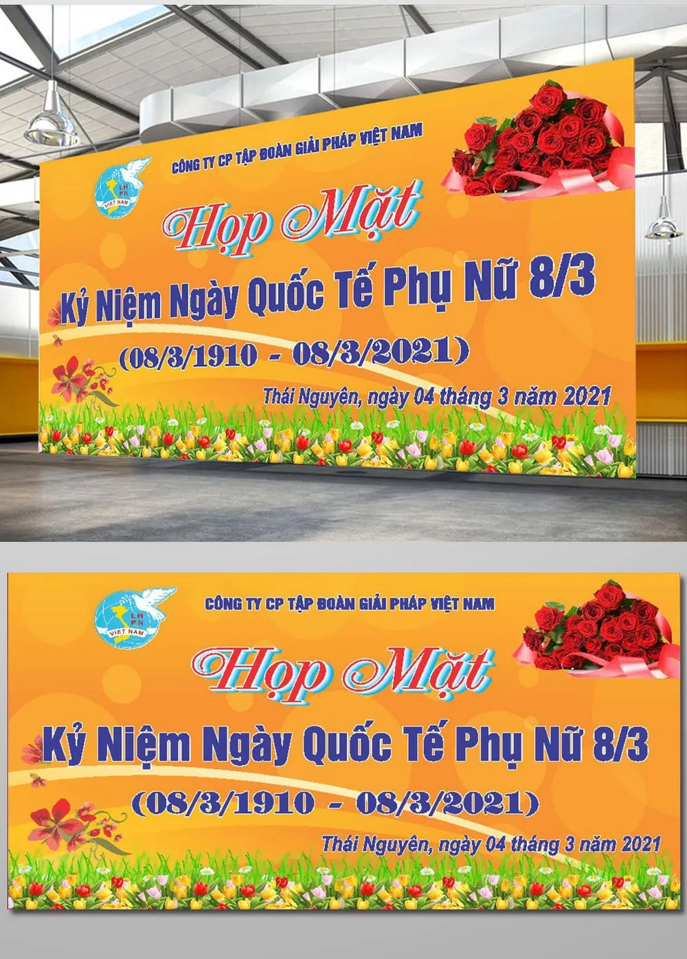 Mẫu Backdrop Họp Mặt Kỷ Niệm 111 Năm Ngày Quốc Tế Phụ Nữ 8/3 – File Thiết Kế Tông Cam Đỏ Ấn Tượng