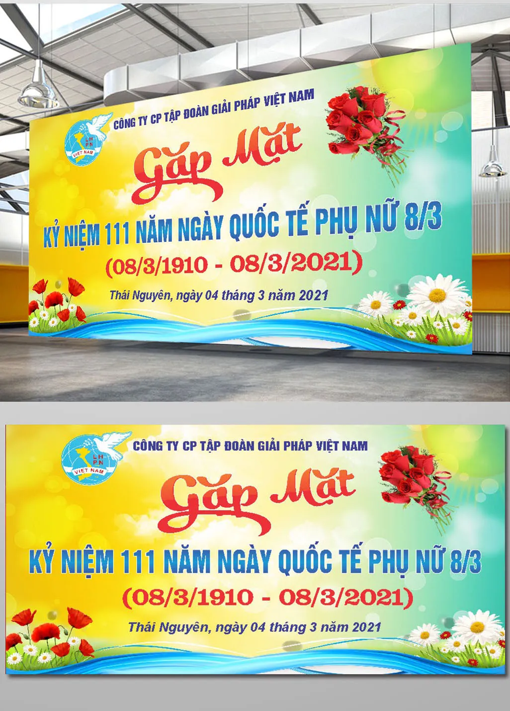 Mẫu Backdrop/Banner Kỷ Niệm 111 Năm Ngày Quốc Tế Phụ Nữ 8/3 (08/3/1910 - 08/3/2021)