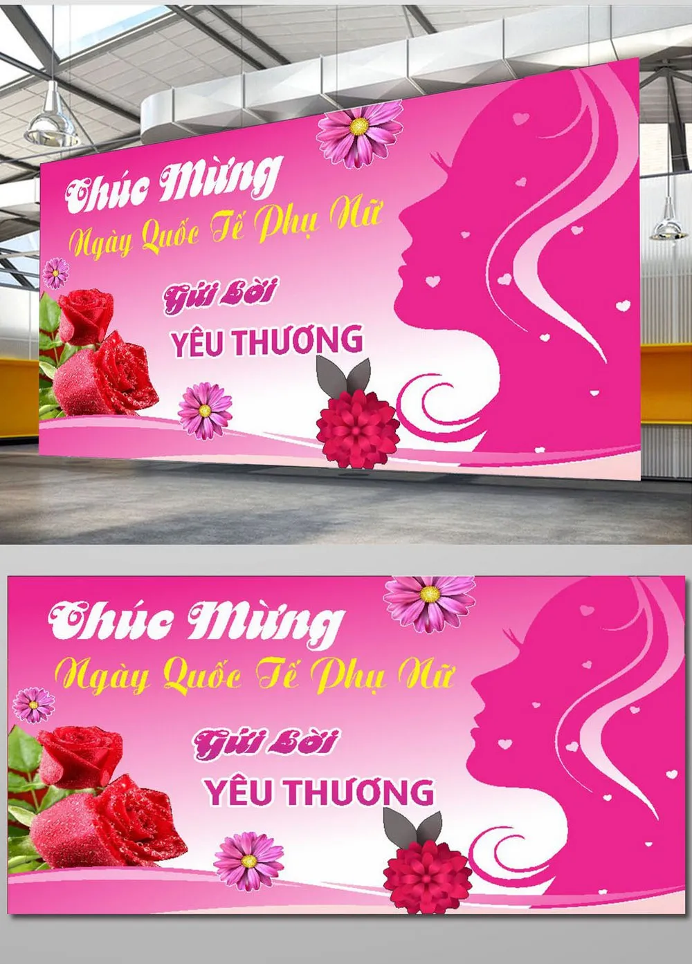 Mẫu Banner Backdrop Ngày Quốc Tế Phụ Nữ 8/3 Tông Hồng Nữ Tính, Nổi Bật Với Hoa Hồng và Hình Bóng Nàng Thơ