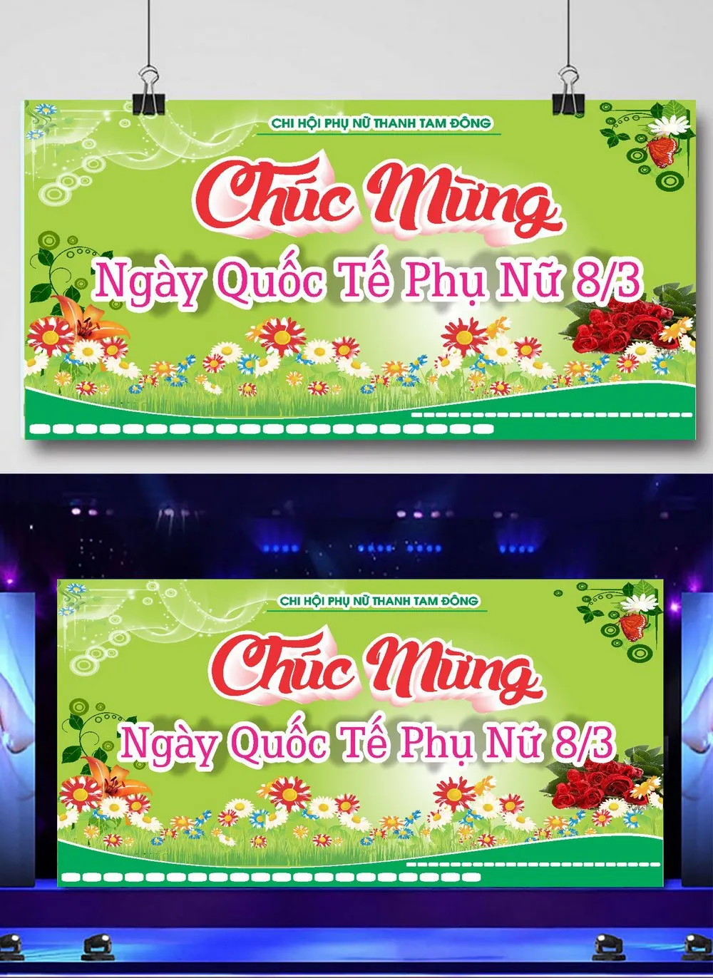 Mẫu Banner/Backdrop Ngày 8/3 Sáng Tạo: Nền Xanh Lá, Hoa Tươi Thắm
