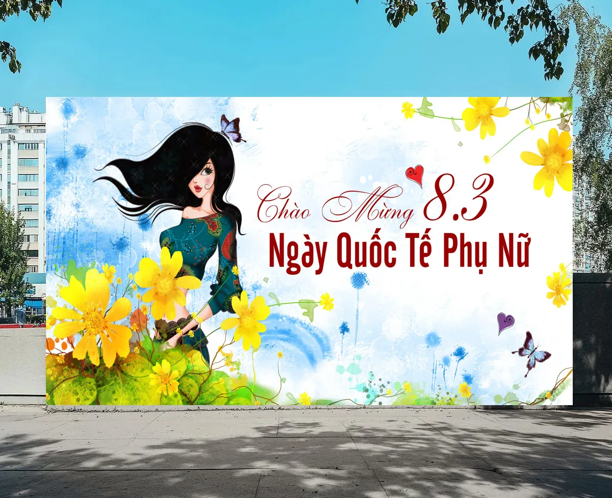 Thiết Kế Banner 8/3 Nữ Tính: Hình Ảnh Cô Gái Hiện Đại, Hoa Vàng Rực Rỡ