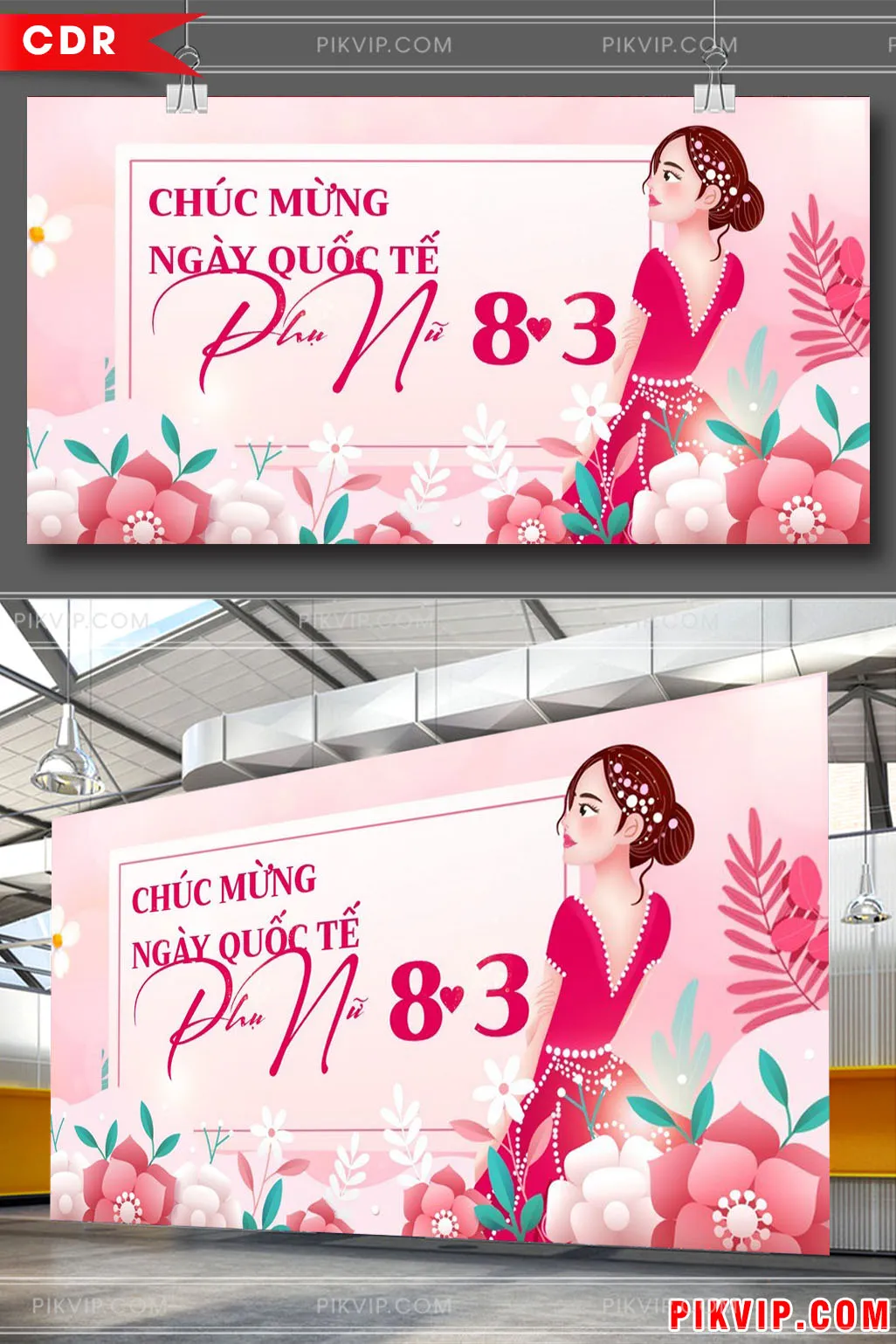 Thiết Kế Banner Backdrop 8-3 Tông Hồng Nữ Tính Cùng Cô Gái Duyên Dáng Và Hoa Tuyệt Đẹp