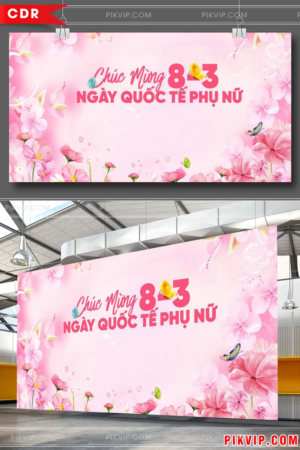 Thiết Kế Banner Backdrop 8/3 Ngày Quốc Tế Phụ Nữ Tông Hồng Lãng Mạn Với Hoa & Bướm
