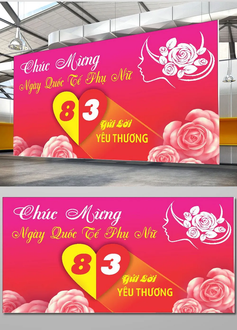 Thiết Kế Banner Backdrop Ngày Quốc Tế Phụ Nữ 8/3: Sắc Hồng Tươi Thắm & Thông Điệp Yêu Thương