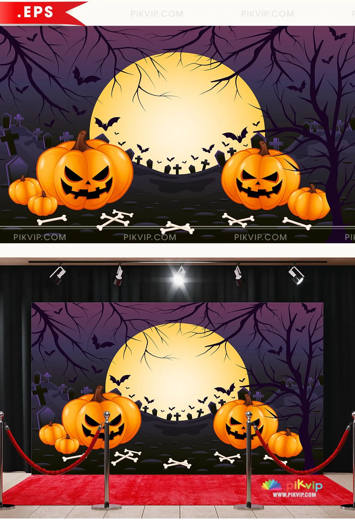 Backdrop Halloween Ma Mị Đêm Trăng: Bí Ngô, Dơi và Nghĩa Địa Rùng Rợn
