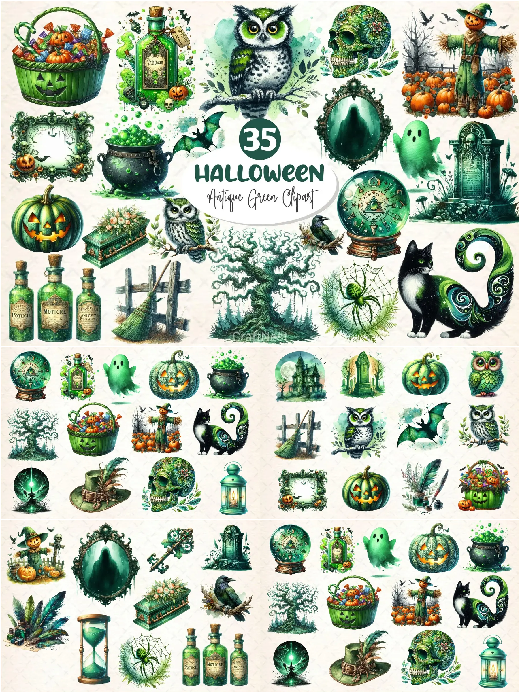 Bộ 35 Clip Art Halloween Xanh Cổ Điển Ma Mị Tuyệt Đẹp