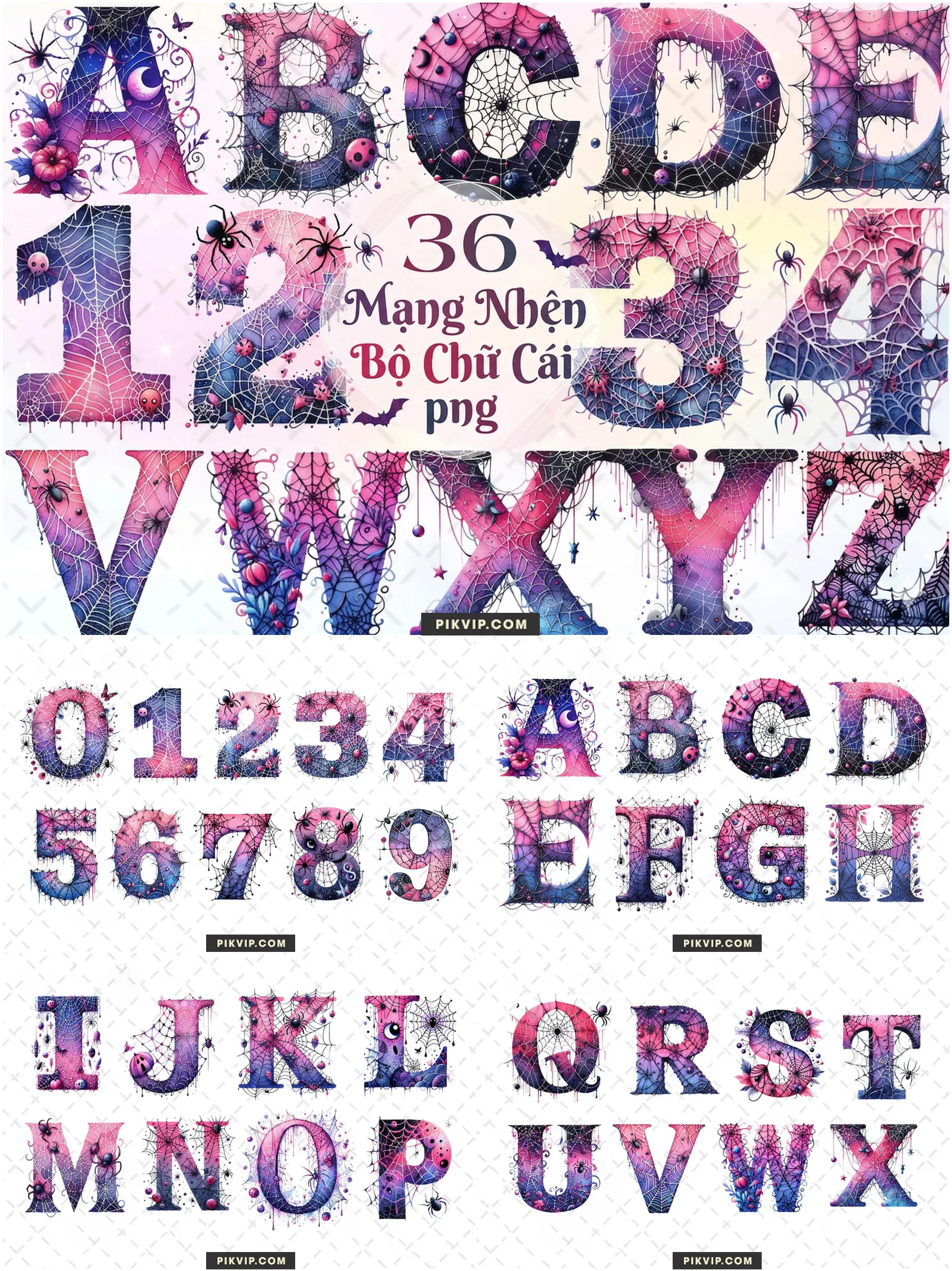 Bộ Chữ Cái & Số Mạng Nhện Watercolor Halloween Sắc Màu PNG