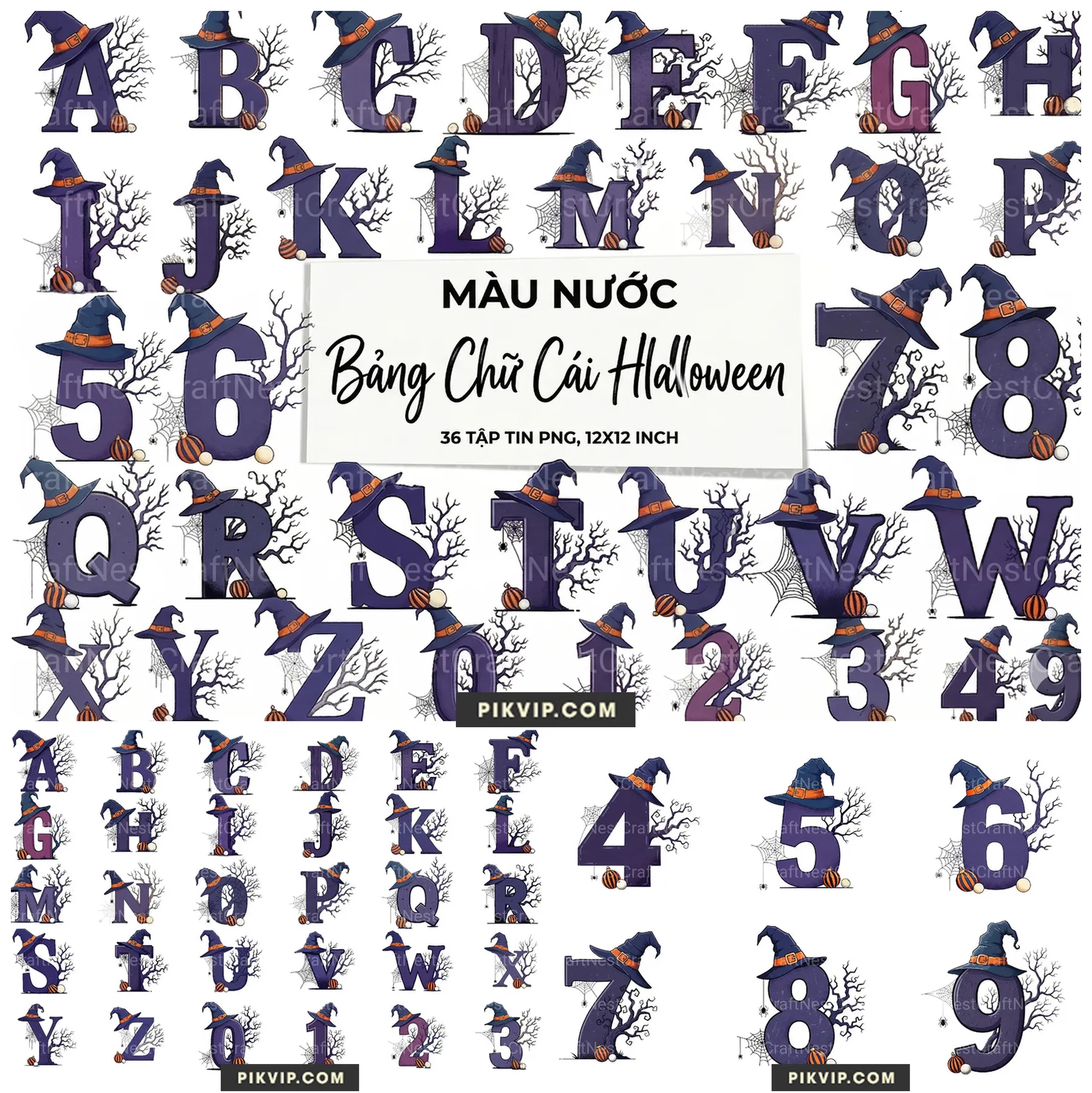 Bộ Chữ Cái và Số Halloween Màu Nước Độc Đáo – File PNG Cao Cấp