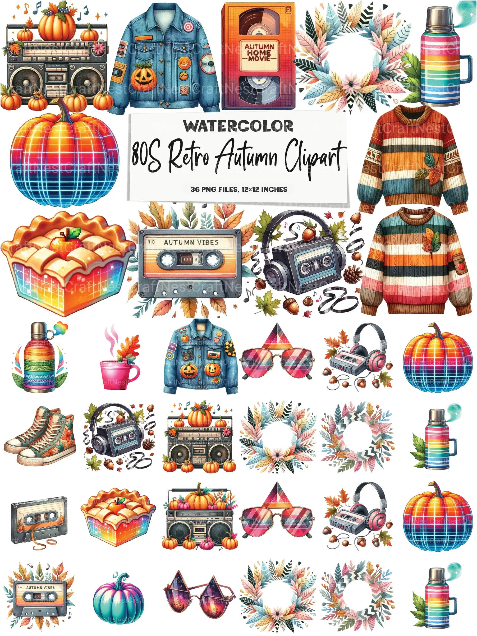 Bộ Clipart Retro Mùa Thu Thập Niên 80: Biểu Tượng Hoài Cổ và Sắc Màu Halloween Tươi Mới