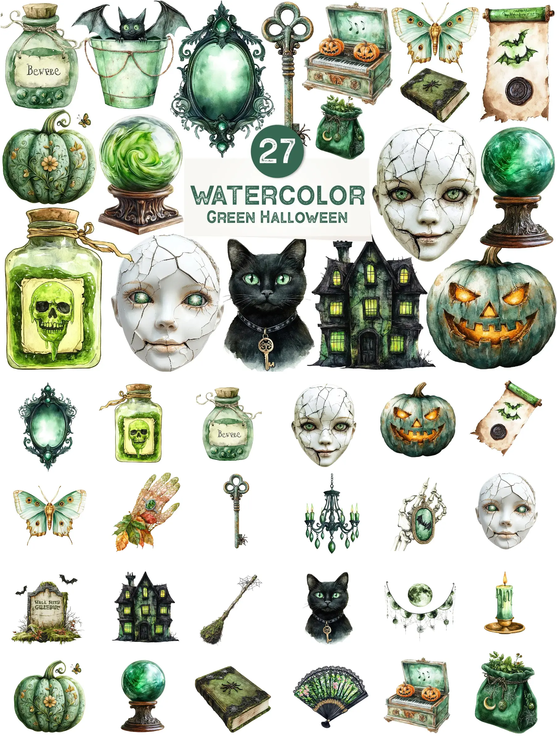Bộ Sưu Tập 27 Hình Ảnh Halloween Xanh Lá Phong Cách Watercolor Độc Đáo
