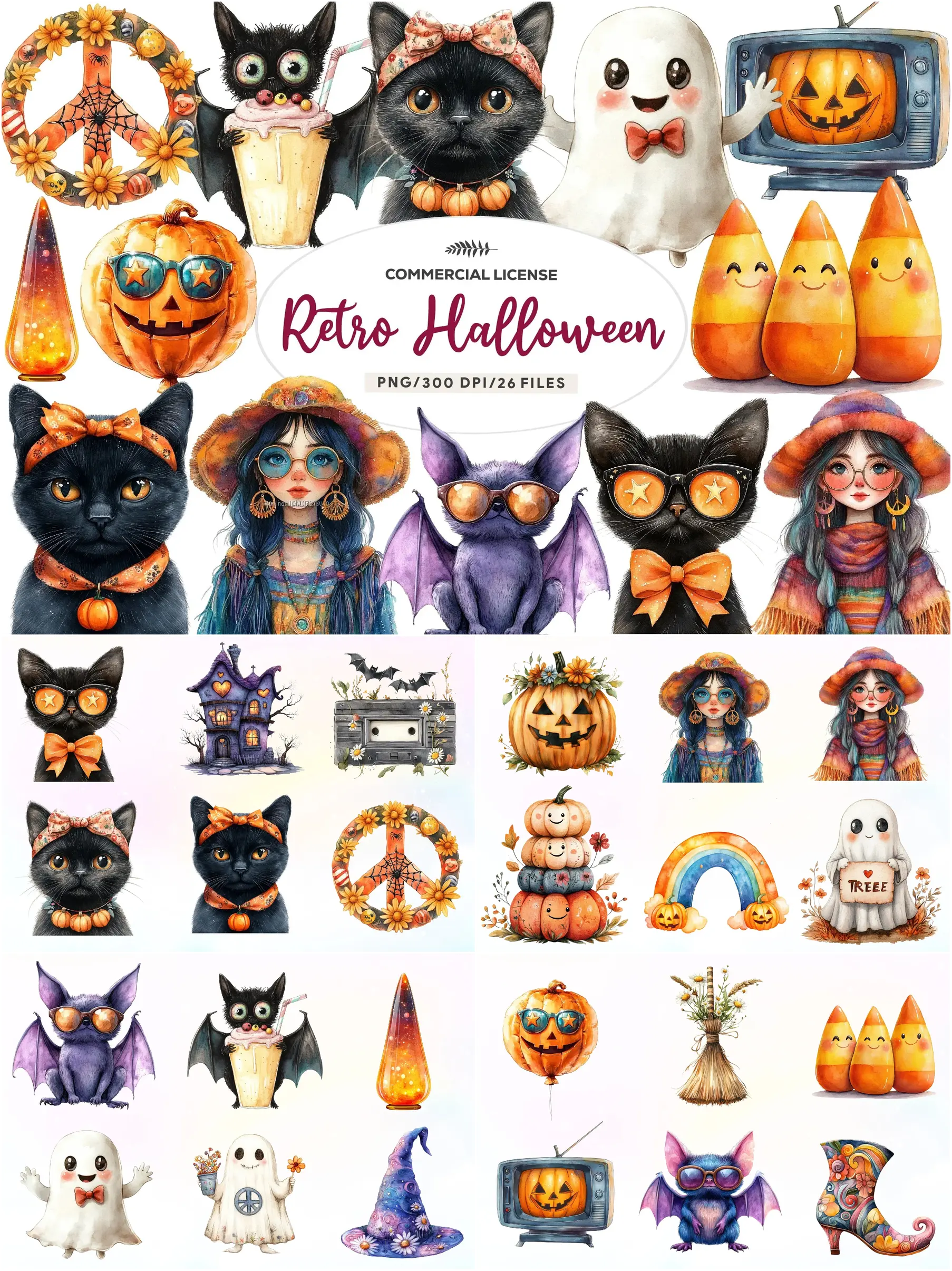 Bộ Sưu Tập Clipart Halloween Retro & Boho Hoạt Hình Watercolor PNG 300DPI