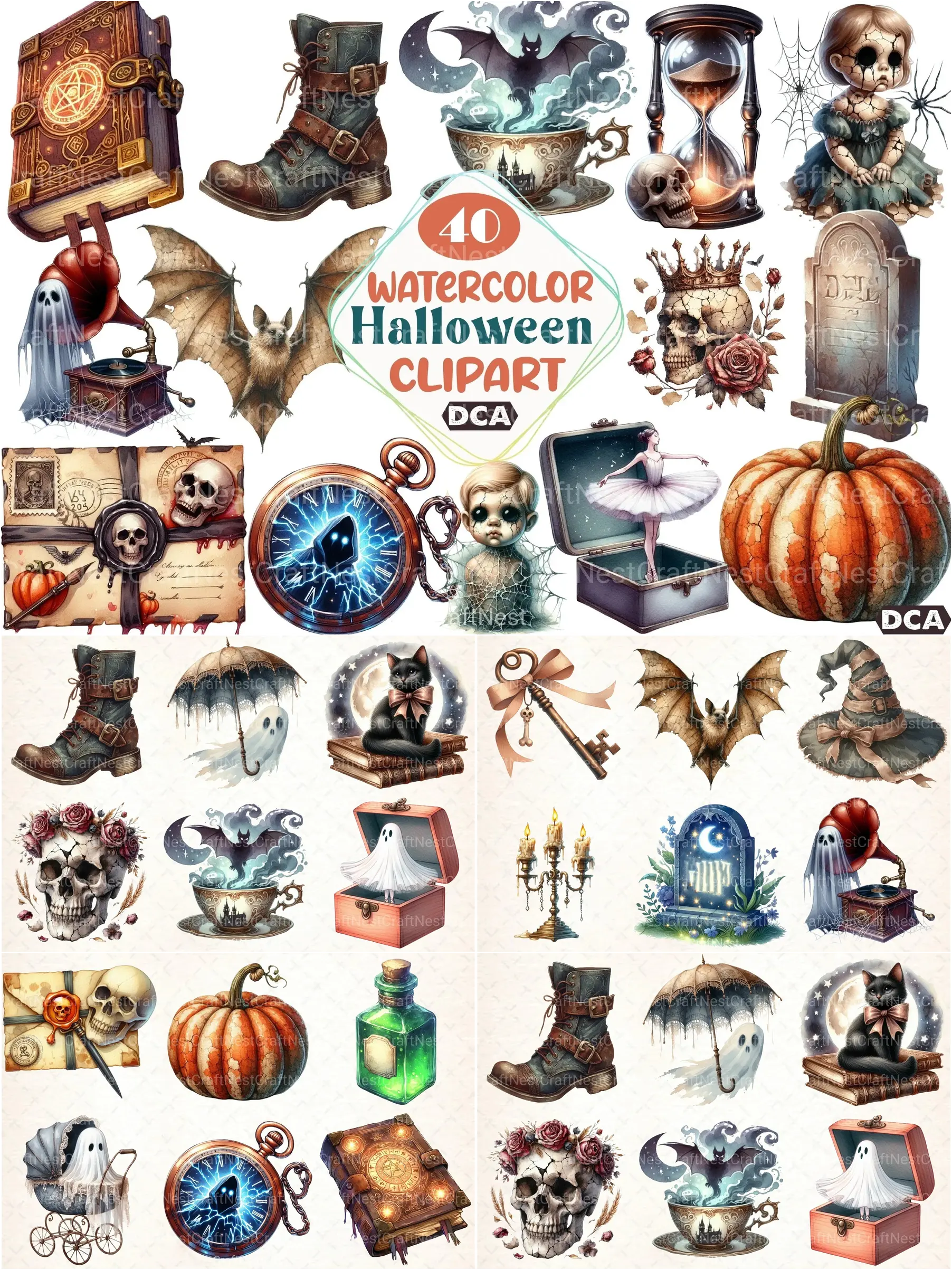 Bộ Sưu Tập Clipart Halloween Watercolor 40+ Vật Phẩm Ma Mị Độc Đáo