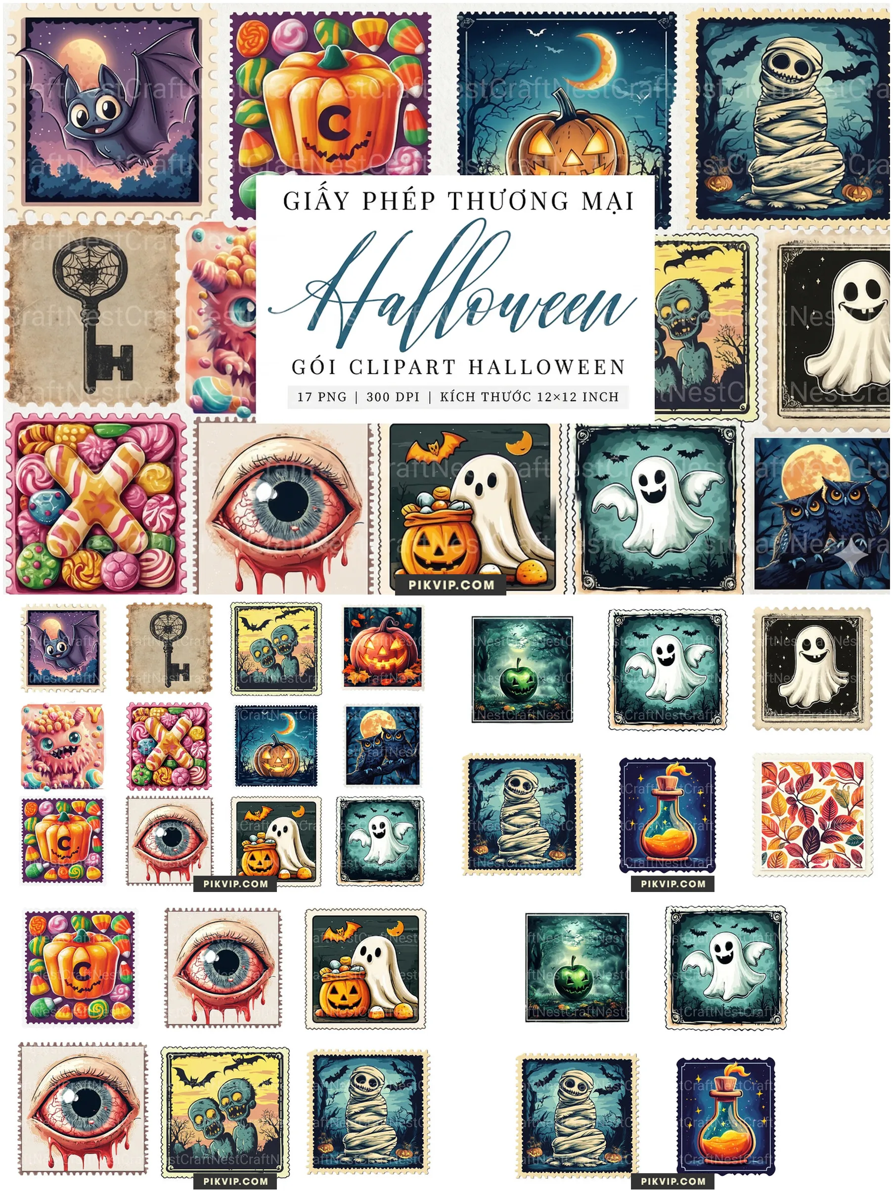 Gói Clipart Halloween Độc Đáo Dạng Tem: Dơi, Bí Ngô, Ma, Zombie & Kẹo – Sẵn Sàng Thiết Kế