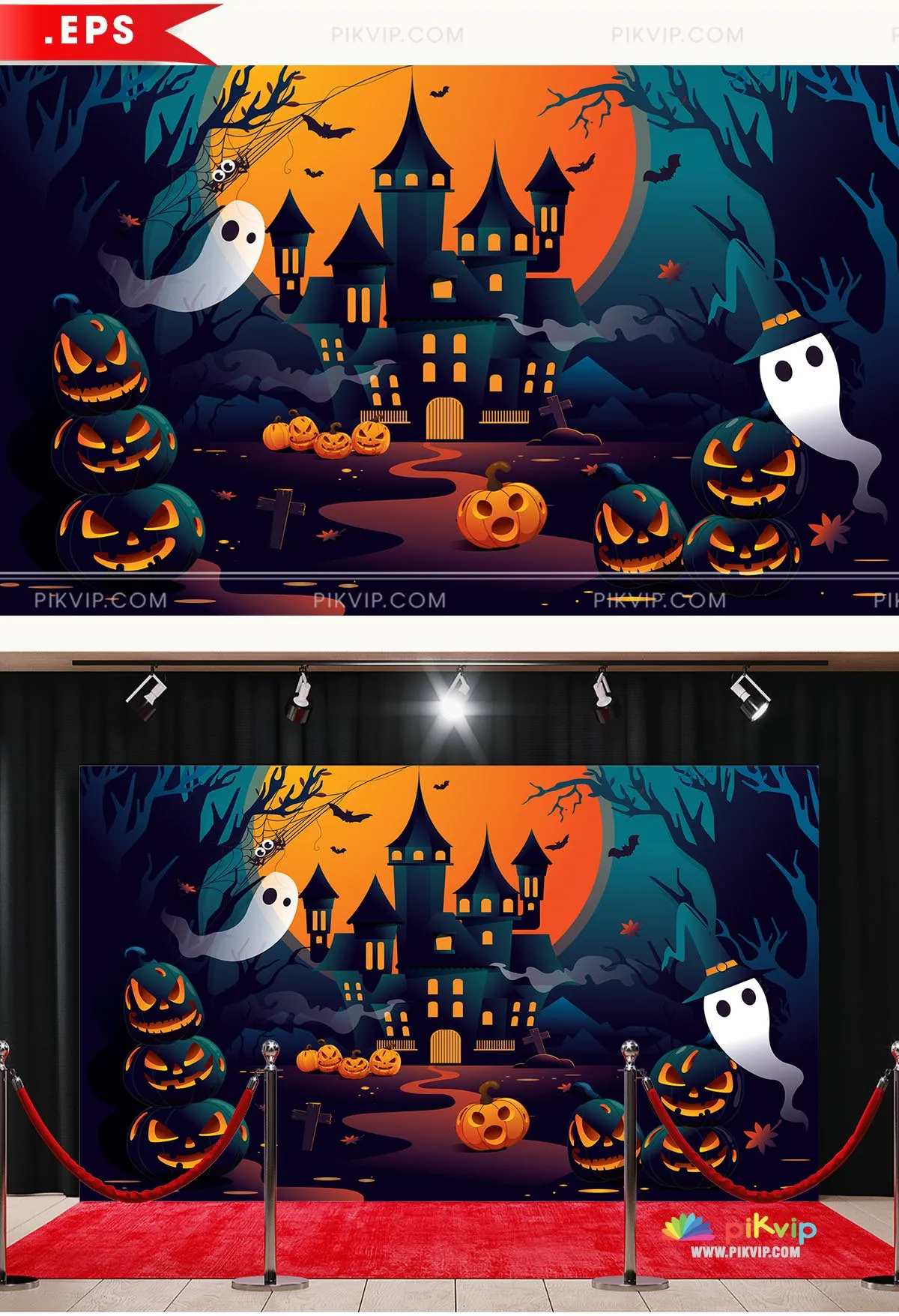 Phông Nền Halloween Hoạt Hình Lâu Đài Ma Ám, Bí Ngô & Ma Quỷ Vector EPS