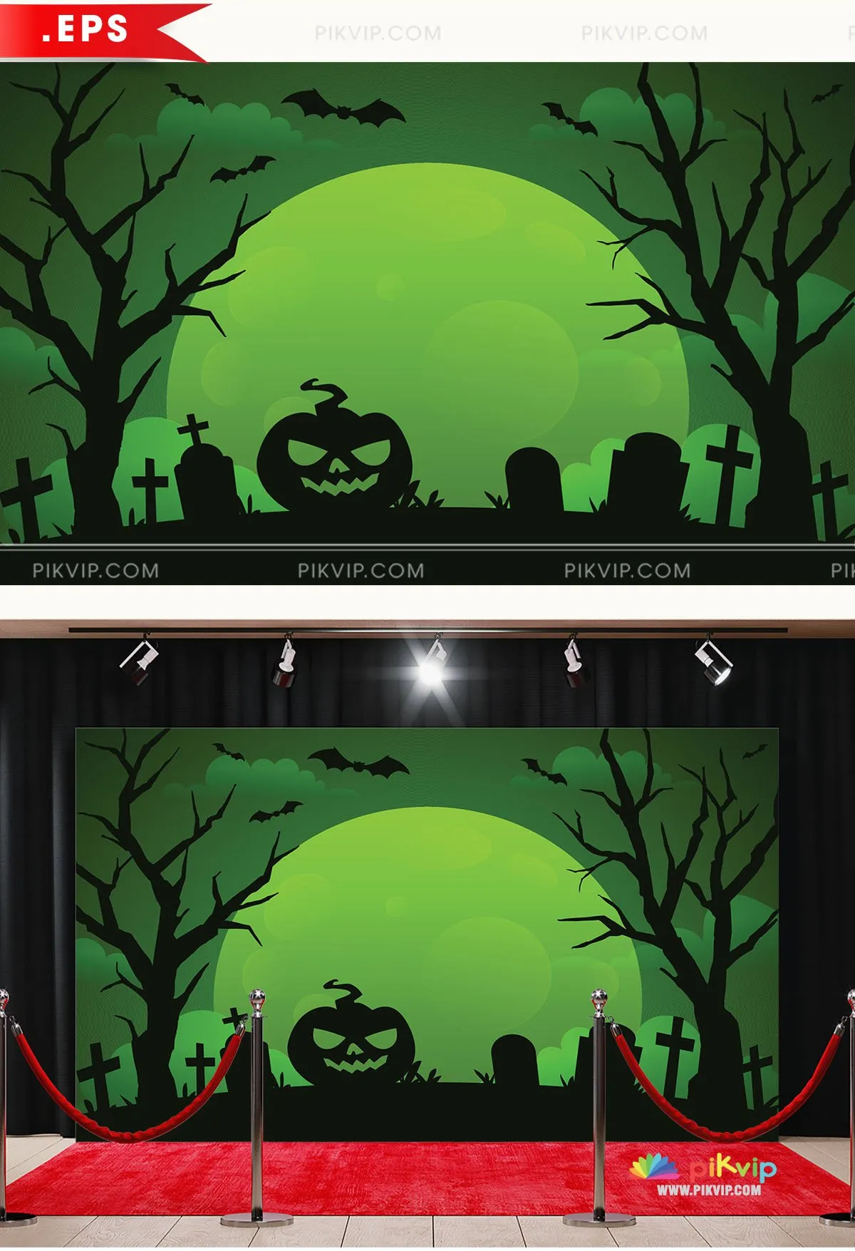 Phông Nền Halloween Vector Ma Quái: Đêm Trăng Xanh, Bí Ngô & Nghĩa Địa