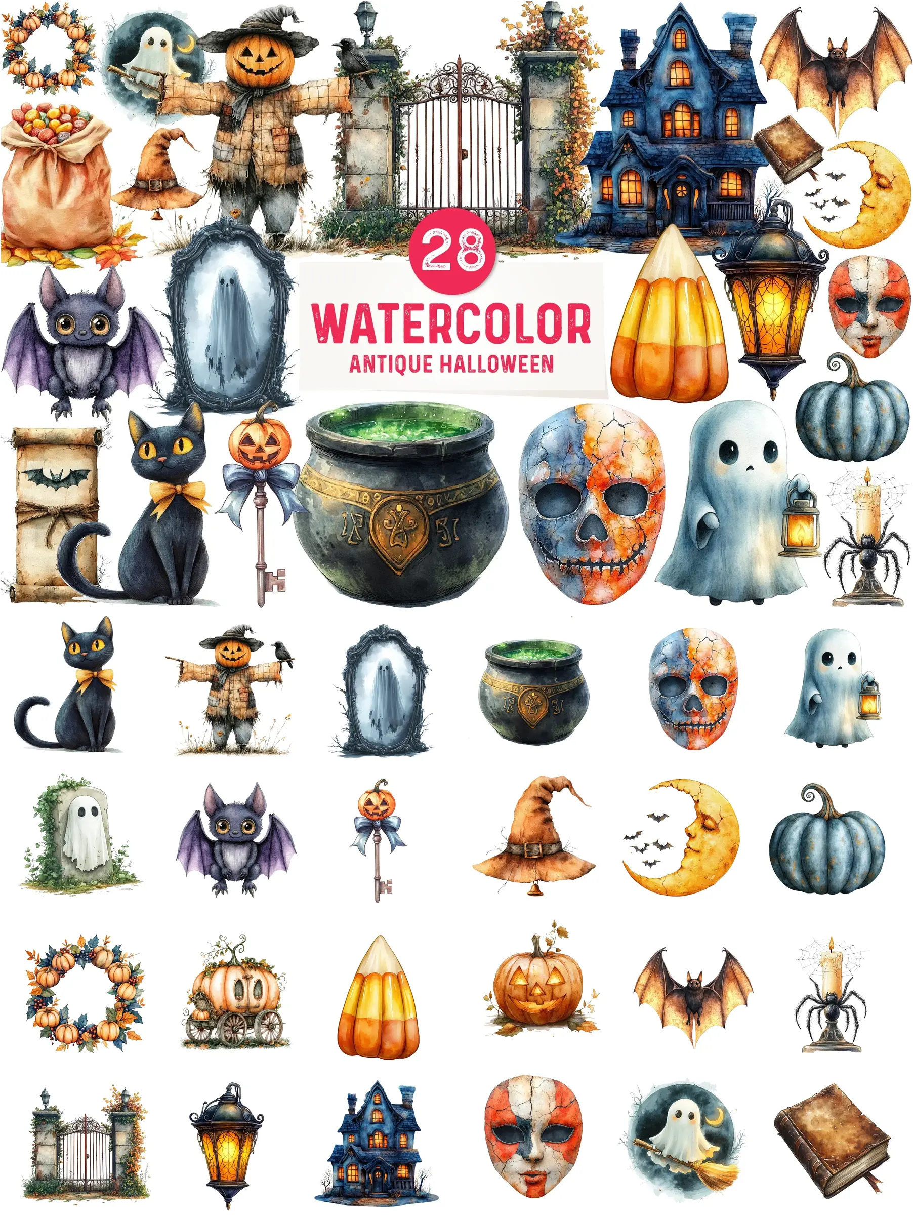 Trọn Bộ 28 Hình Minh Họa Halloween Màu Nước Phong Cách Cổ Điển Độc Đáo