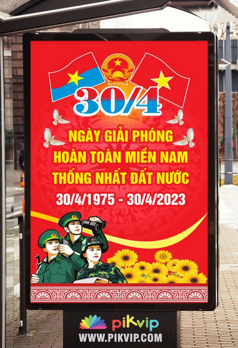 Vector Poster Kỷ Niệm 30/4: Ngày Giải Phóng Miền Nam Hùng Tráng Với Biểu Tượng Lịch Sử và Hòa Bình