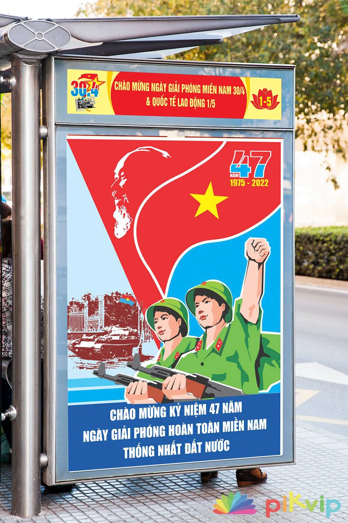 Vector Poster Kỷ Niệm 47 Năm 30/4 & 1/5: Hồ Chí Minh, Quân Giải Phóng Hùng Cường